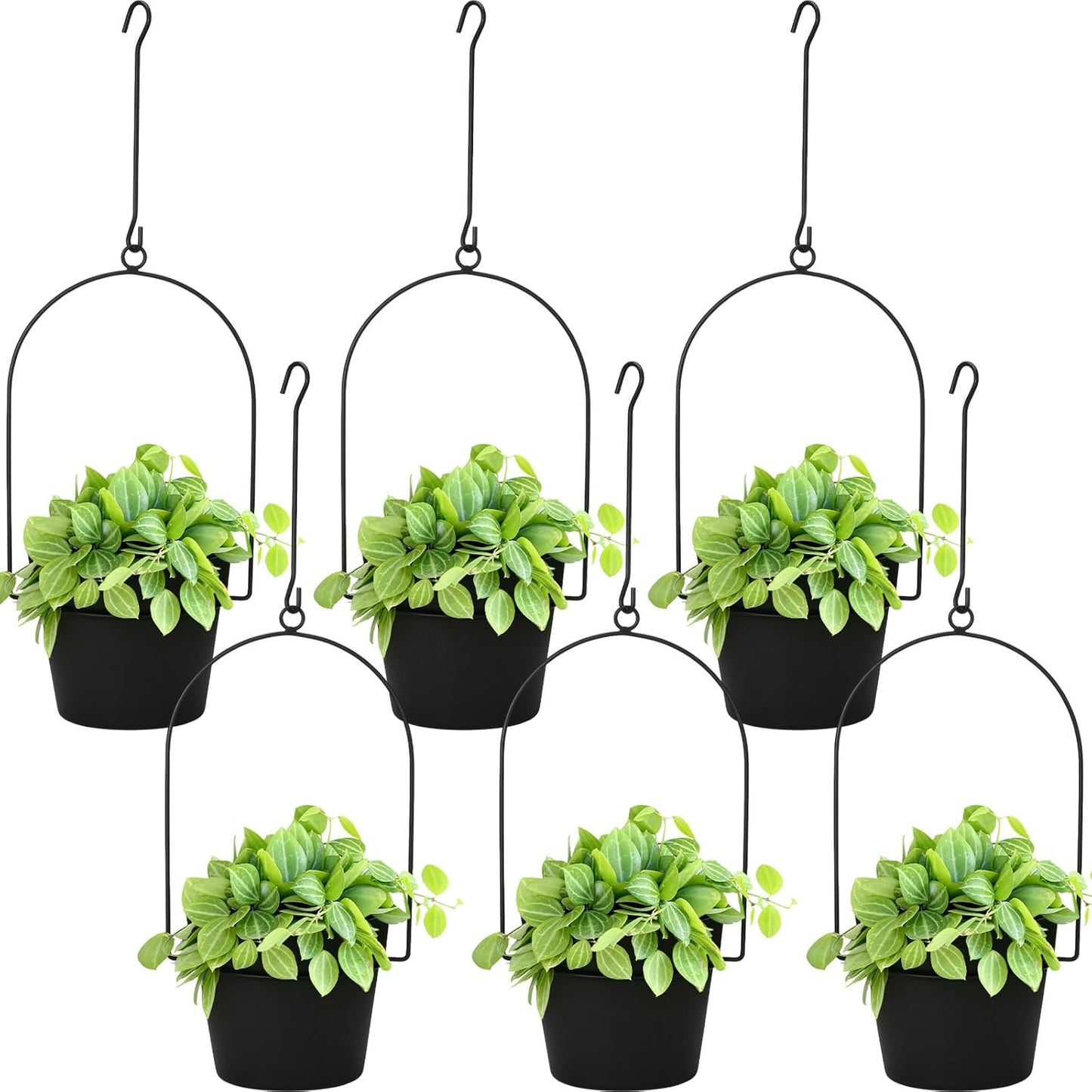 Hushee 6 Packs Metal Hanging Planters for Outdoor Indoor Plants Plant Hanger with 6.3'' Plastic Pots Hanging Planter Basket for Garden Home Porch Decor