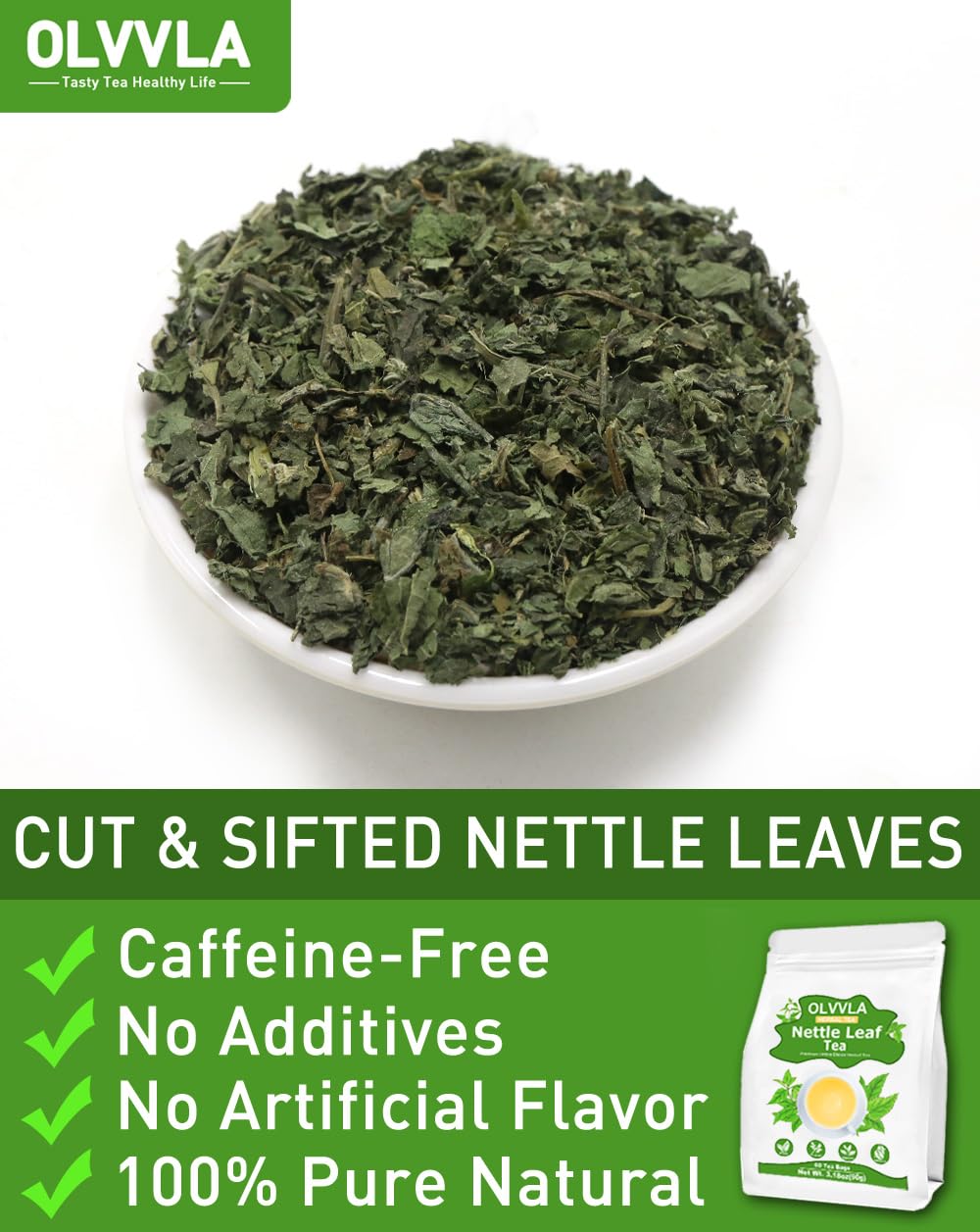 Olvvla - Premium Nettle Leaf Tea - 1.5g X 60 Count - 100% Pure Natural Stinging Nettle Tea Bag - Caffeine-free - Non-GMO - Rich in Antioxidants & Support Bone Health