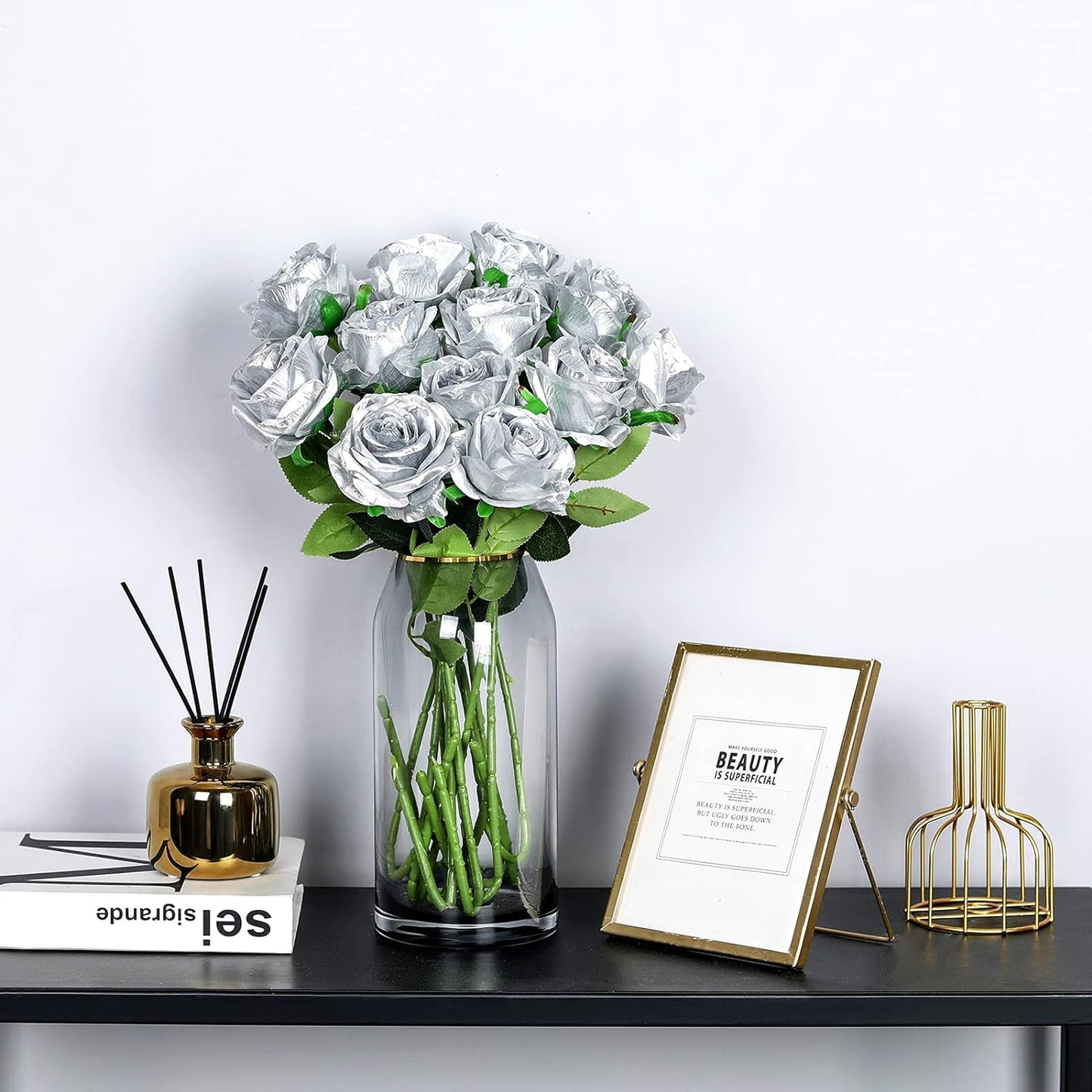 Hawesome 12PCS Artificial Silk Flowers Realistic Roses Bouquet Long Stem for Home Wedding Decoration Party (Silver 1)