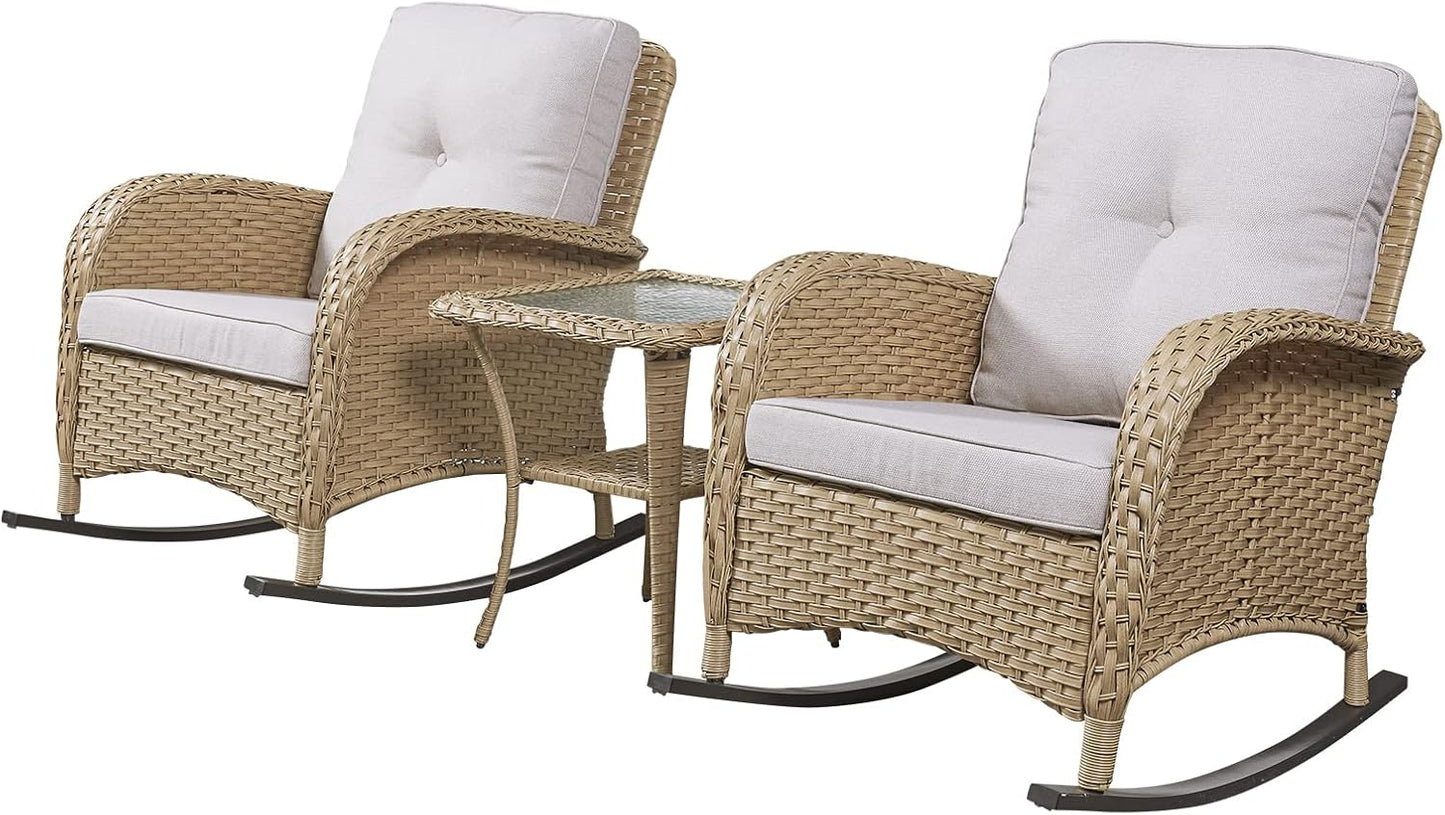 HUMMUH Patio Wicker Rocking Chairs Set of 2 Rattan Outdoor Rocking Chairs for Front Porch Garden Backyard Lawn Balcony Weather Rocker Chair with Side Table