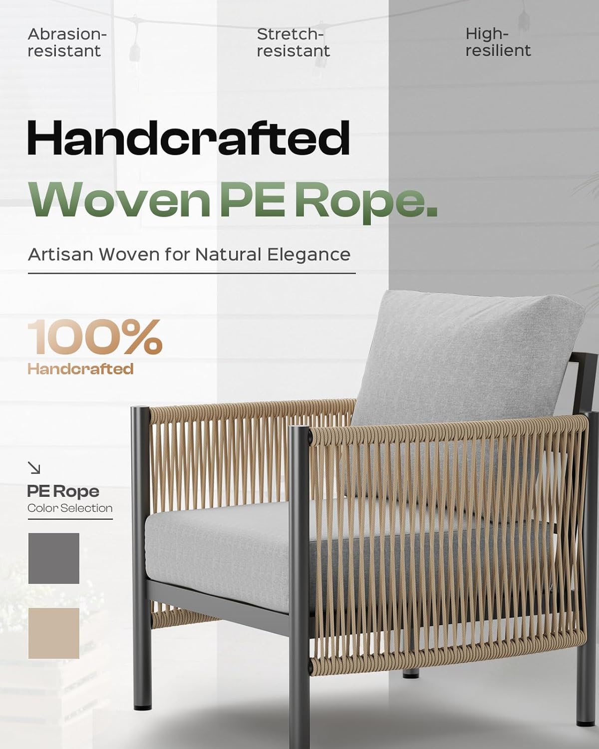 Aluminum Outdoor Patio Furniture Set, HDPE Rope 4 Piece Modern Sectional Conversation Sets with Dual-Layer Coffee Table, All Weather Patio Couch Sofa with Thick Cushions, Gray Frame, Gray