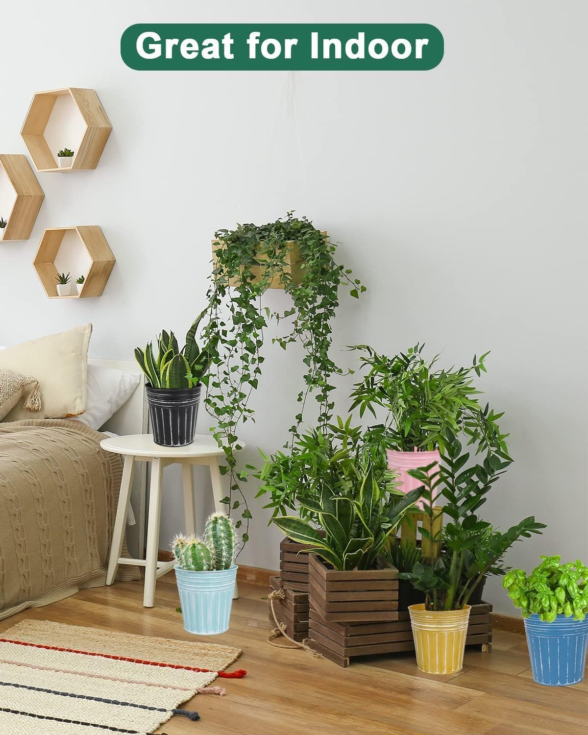 6 Inch Pink Metal Rustic Flower Pots - 6Pcs Medium Galvanized Planters with Drainage Hole and Rubber Plug, Rustproof Metal Bucket Plant Pots Farmhouse Vintage Style for Decor