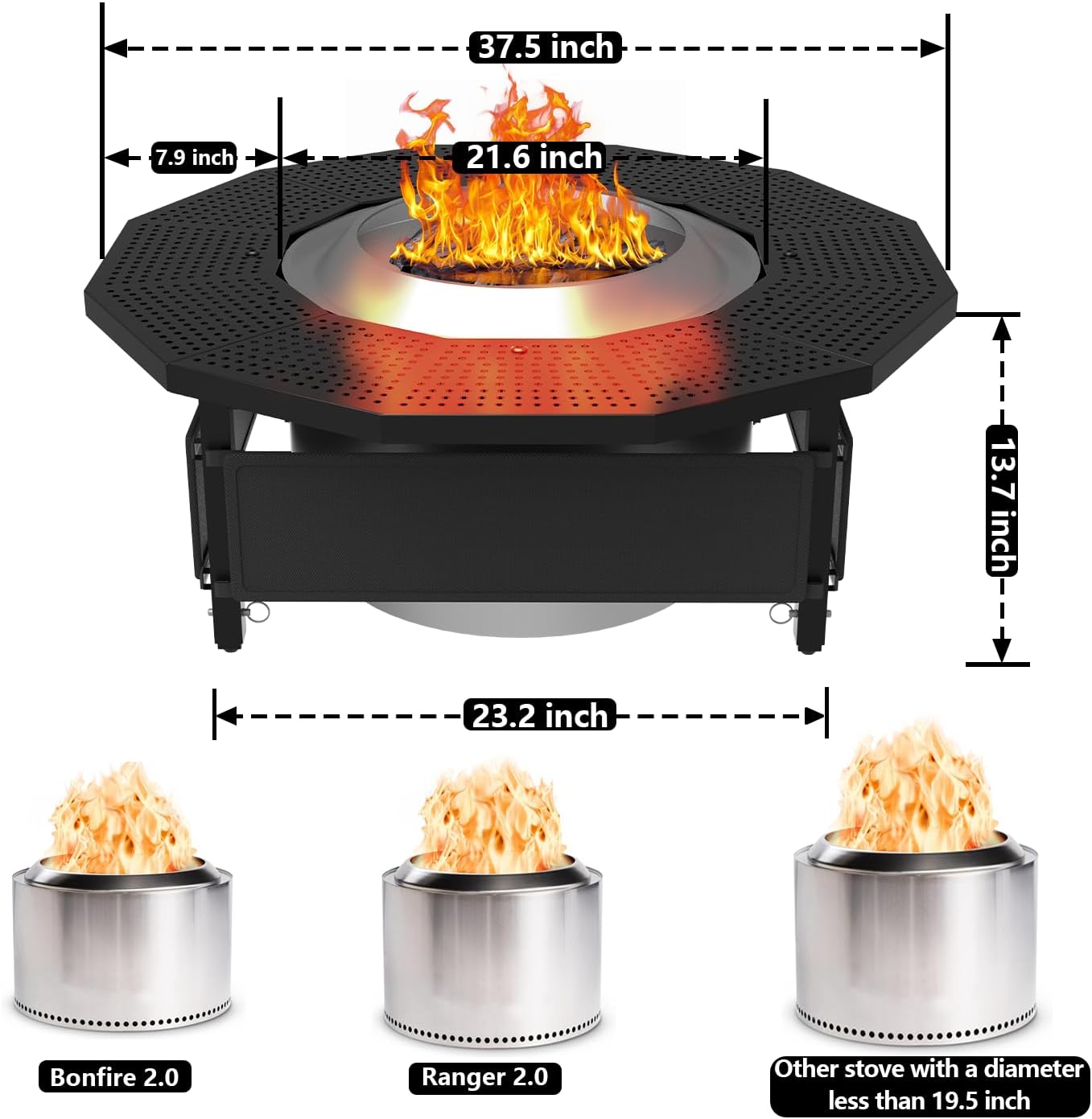 Fire Pit Surround Tabletop for Solo Stove Bonfire Ranger 2.0, with Coated Steel and UV-Resistant Outdoor Fabric, Adjustable Tabletop for Solo Stove Bonfire Accessories, Thick Metal
