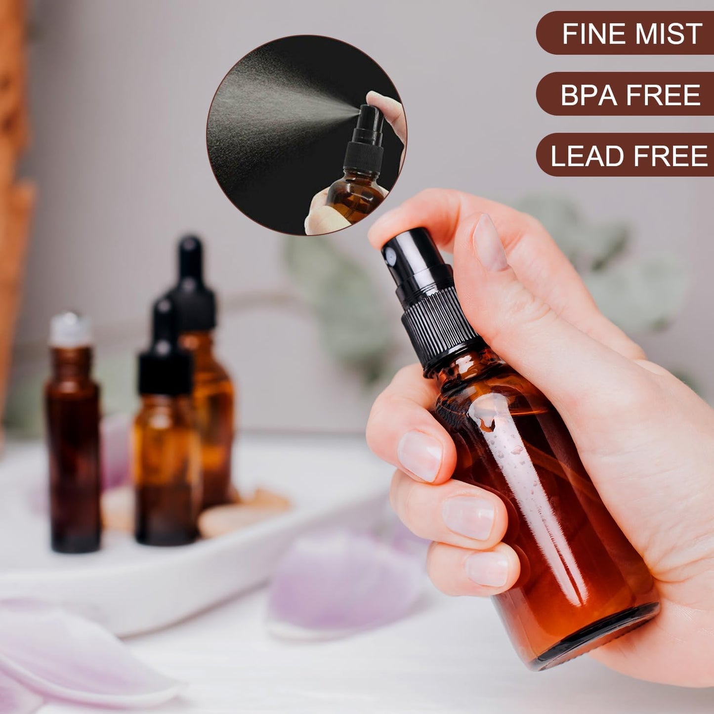 4 oz Amber Glass Spray Bottles - Small Empty Fine Mist Spray Bottle for Essential Oil,Face - Mini Dark Spray Bottles with,Included 4 Sprinkler, 1Funnels,1 Droppers, 4 Labels