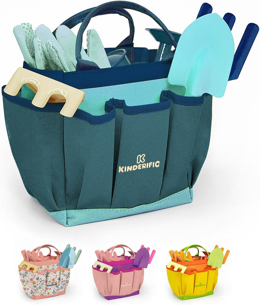 Gardening Set, Tool Kit, for Kids, STEM, Includes Tote Bag, Spade, Watering Can, Rake, Fork, Trowel and Gloves (Ocean Blue)