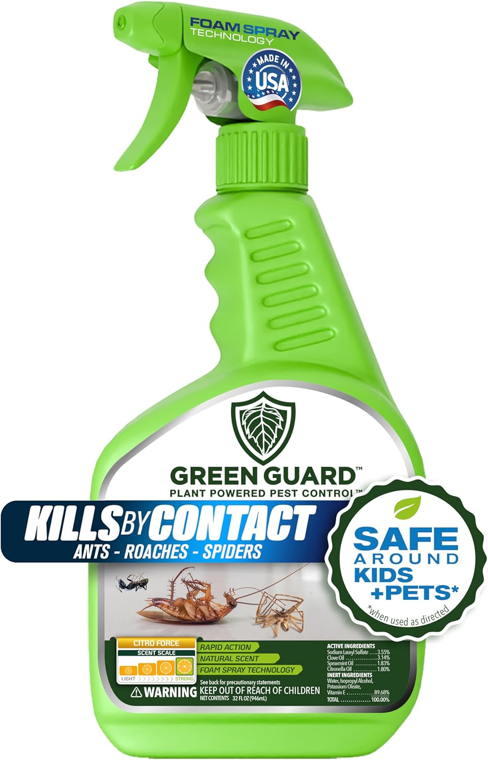 Green Guard Pest Control Spray - Indoor & Outdoor Killer of Ants, Roaches, Spiders & Other Crawling Insects, Safe Around Children & Pets, Plant-Based, Pleasant Scent (Citro Force, 32oz)