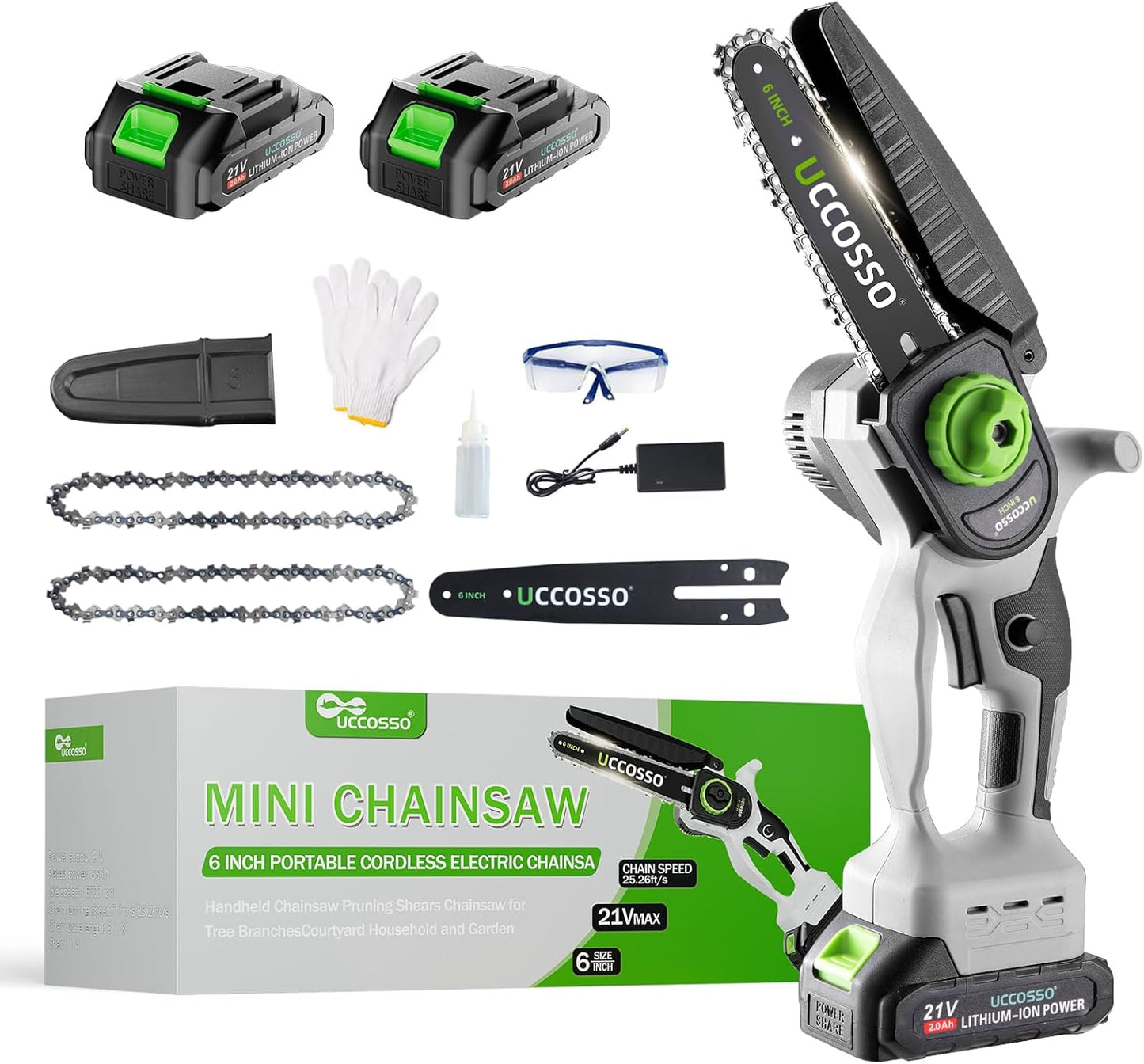 6Inch Mini Chainsaw Cordless - Electric Chainsaw with Strong Motor & 2×2.0Ah Battery, 2 Chains Included for Tree Trimming, Branches Cutting, Lightweight Handheld Chain saw for Garden/Yard Maintenance