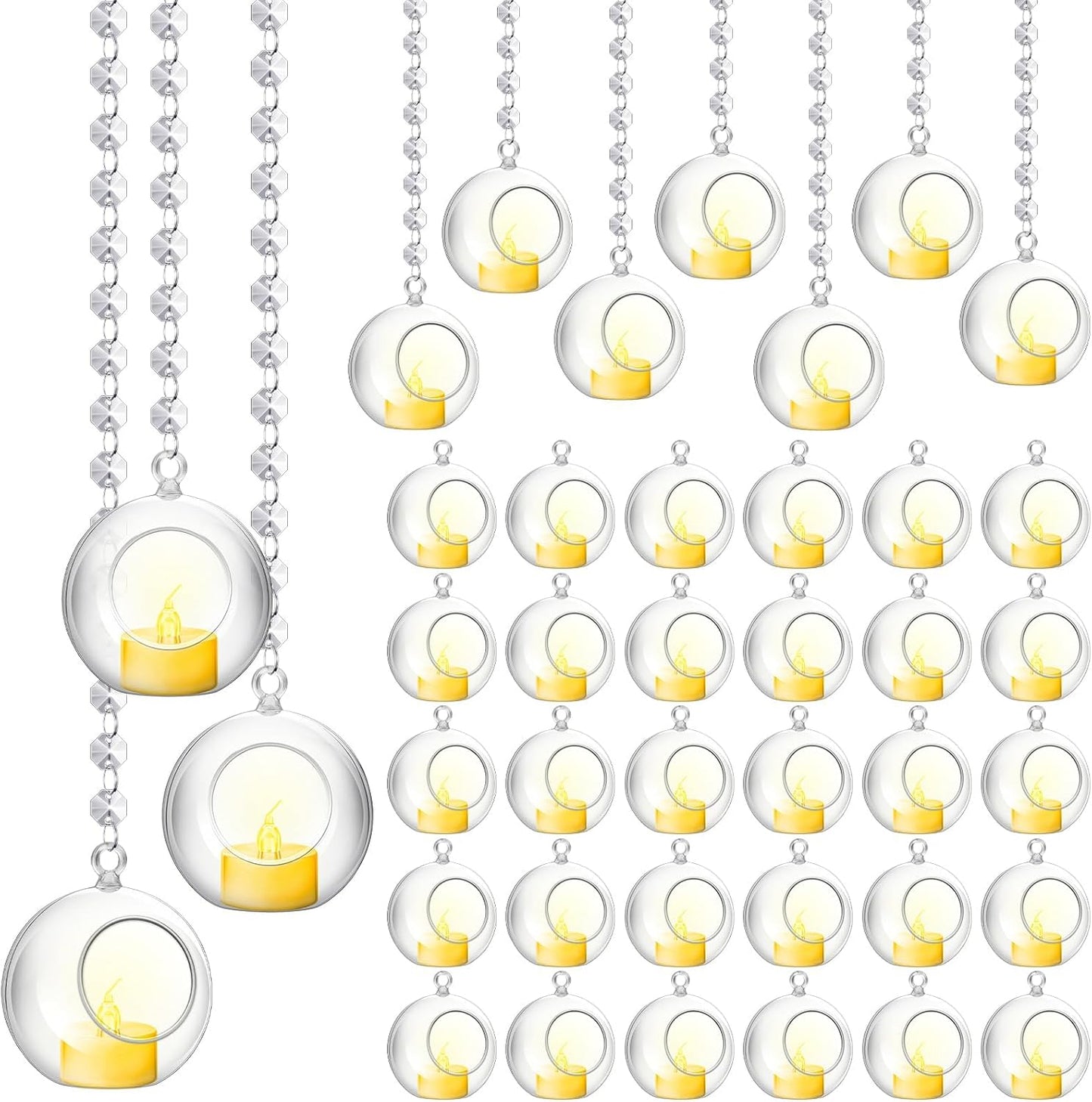 Booson 100 Pcs Hanging Candle Holder Glass Globes Orbs with Crystal Acrylic Gems Bead Garland Tea Lights Candles Holder for Wedding Party Tree Decor