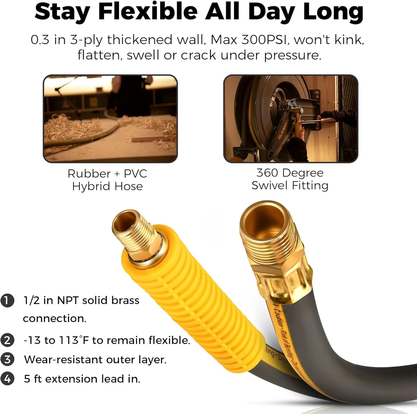 Double Arm Air Hose Reel 50 ft Retractable, 1/2 in Hybrid Hose Heavy Duty Steel Professional Air Compressor Hose Reel with 5 ft Lead in Max 300PSI Auto Rewind Quick Coupler Swivel Fitting