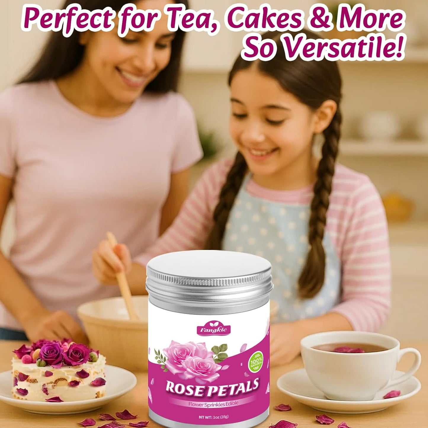 Fangkic Dried Rose Petals-1oz(28g) Dried Edible Flower Cake Decoration, Edible Rose Petal for Cocktails Drinks Baking Tea Soap & Candle Making, Gluten-Free, No Additives