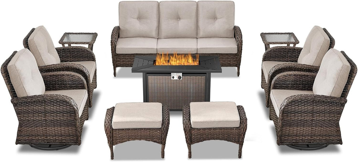 Expansive 10 Pieces Outdoor Patio Furniture Set with 43” Propane Fire Pit Table, Patio Conversation Set with Swivel Rocker Outdoor Chairs Set of 4 and Sofa, Ottoman and Wicker Side Table Brown