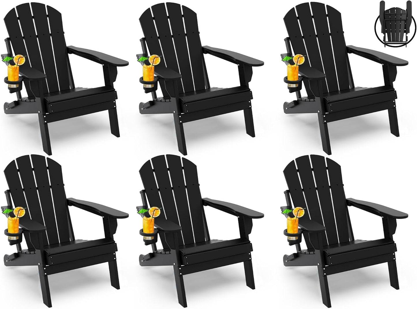 GREENVINES Folding-Adirondack-Chairs-Set-of-6 | HDPE Plastic | Fire Pit Chair | All Weather | Cup Holder | Black | for Deck Backyard Patio Outdoor Garden