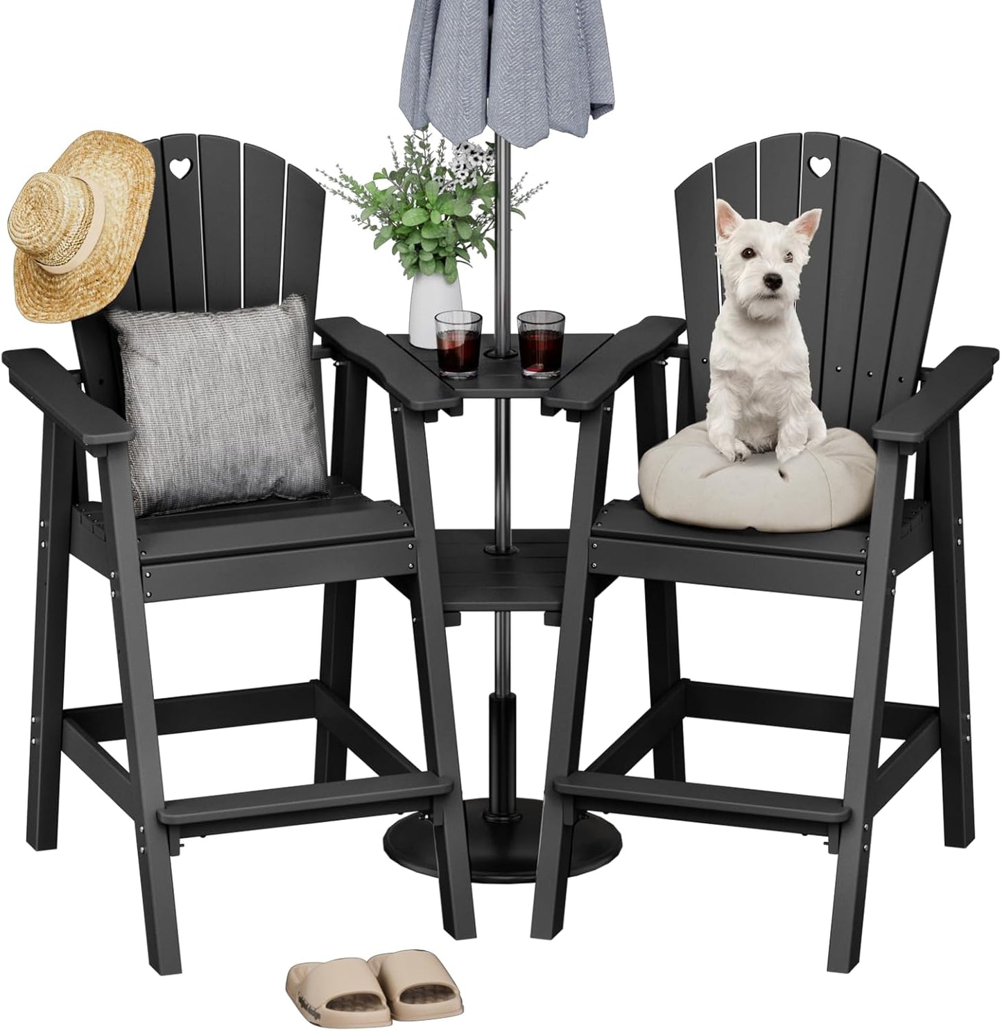 Tall Adirondack Chairs Set of 2-Durable HDPE Outdoor Bar Stools with Double Connecting Tray, Weatherproof Patio Furniture for Poolside, Backyard, Deck & Lawn Relaxation (Black)