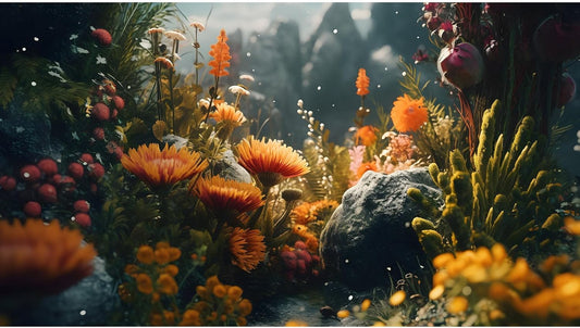 Foggy Stone Terrarium Background Green Seaweed Scenery Orange Floral Aquarium Background Durable Reptile Habitat Flower Background Mysterious Tank Backdrop Vinyl 24x16in