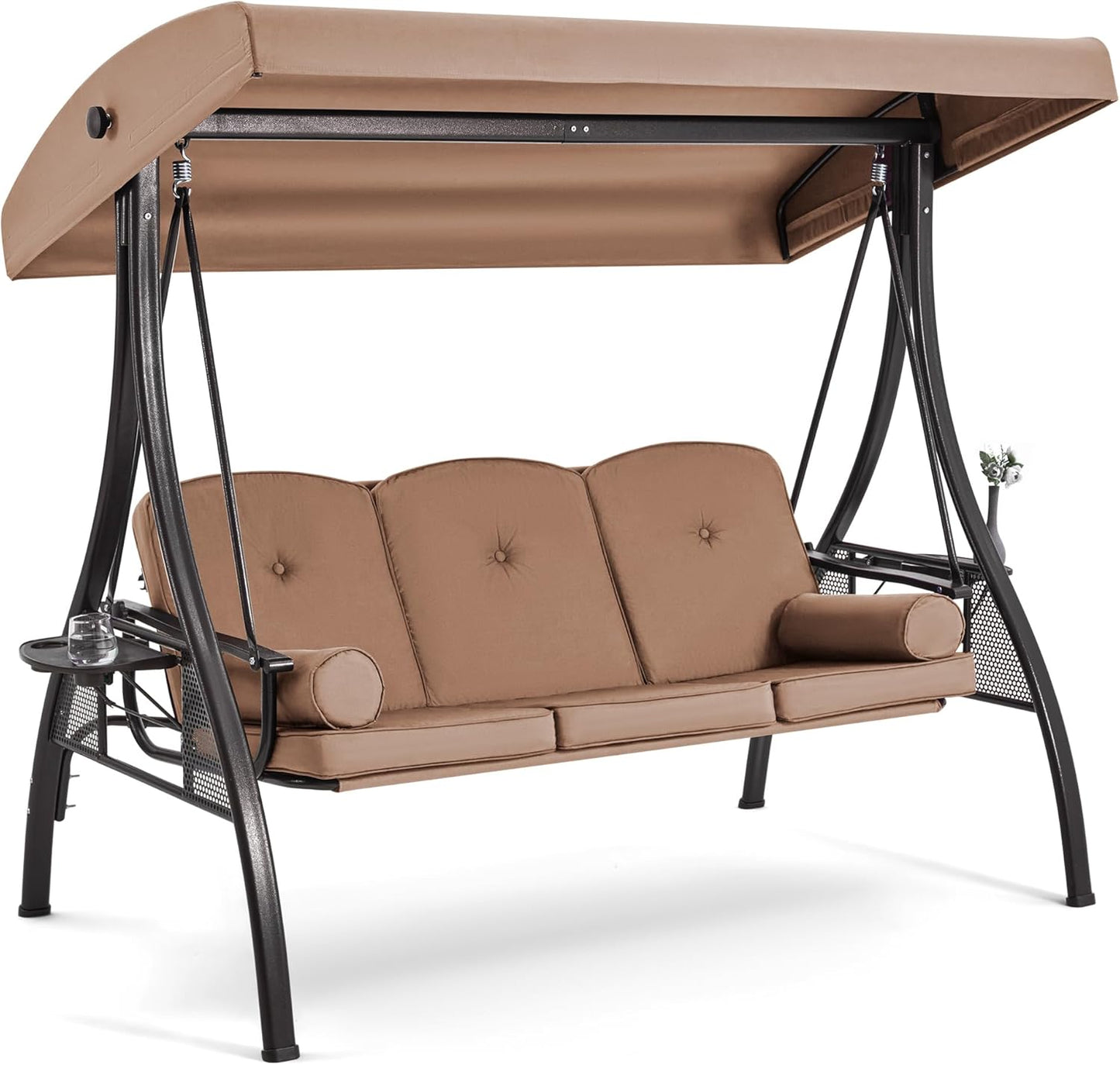 HOMREST 3 Person Outdoor Porch Swing with 1.5" Upgraded Cup Holder, Adjustable Canopy, Backrest, Patio Swing Bed with Weather Resistant Steel Frame, Cushions for Garden,Deck and Poolside(Brown)
