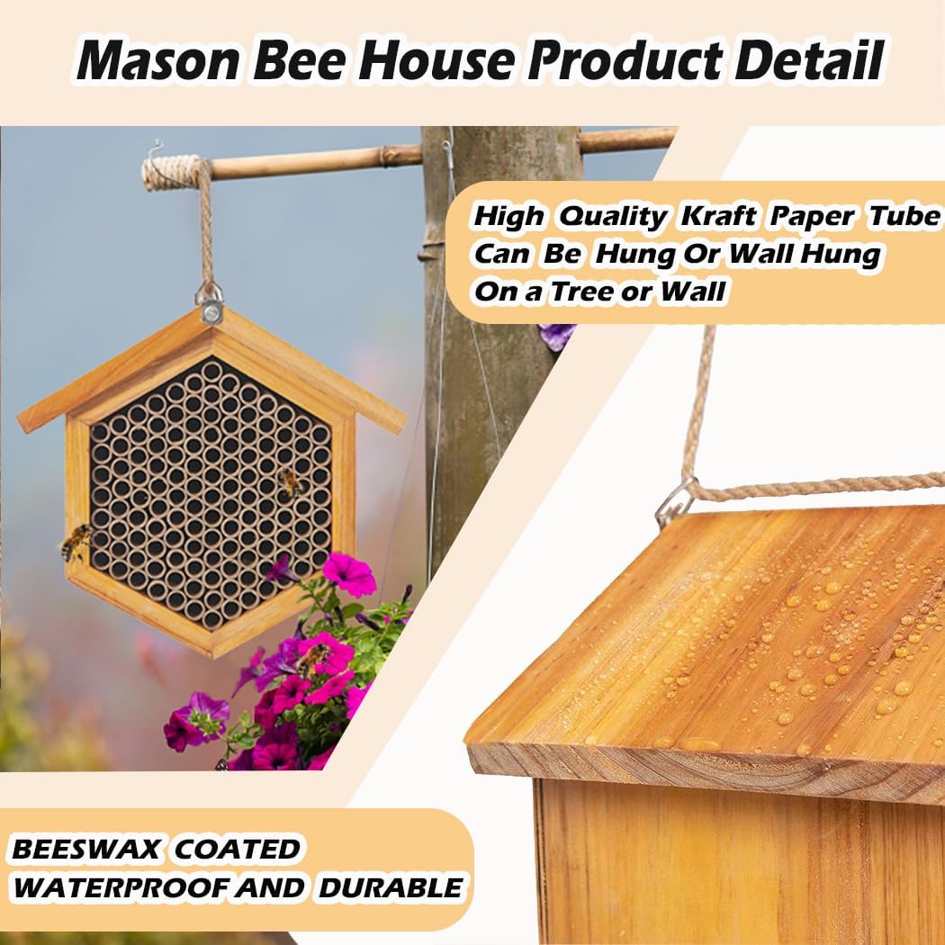 Mason Bee House Wax Coated Bee Hotel, Pollinator House Waterproof, Natural Handmade Wooden Mason Bee Hotel for Pollinating Bees Garden Supplies