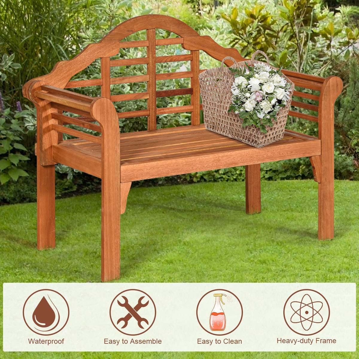 Tangkula Folding Outdoor Eucalyptus Wood Bench, 49” Large Foldable Solid Wood Garden Park Bench, 2-Person Loveseat Chair for Entryway, Deck, Porch, Poolside & Balcony