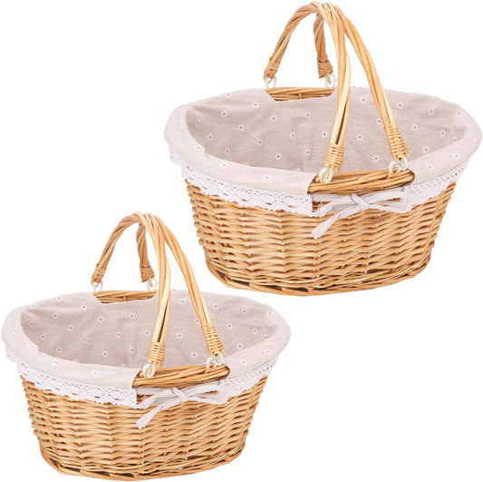 2 Pack Natural Wicker Basket with Linen Lining, 14 & 12 Inch Wicker Woven Picnic Basket with Handle for Picnic, Camping, Outdoor Party