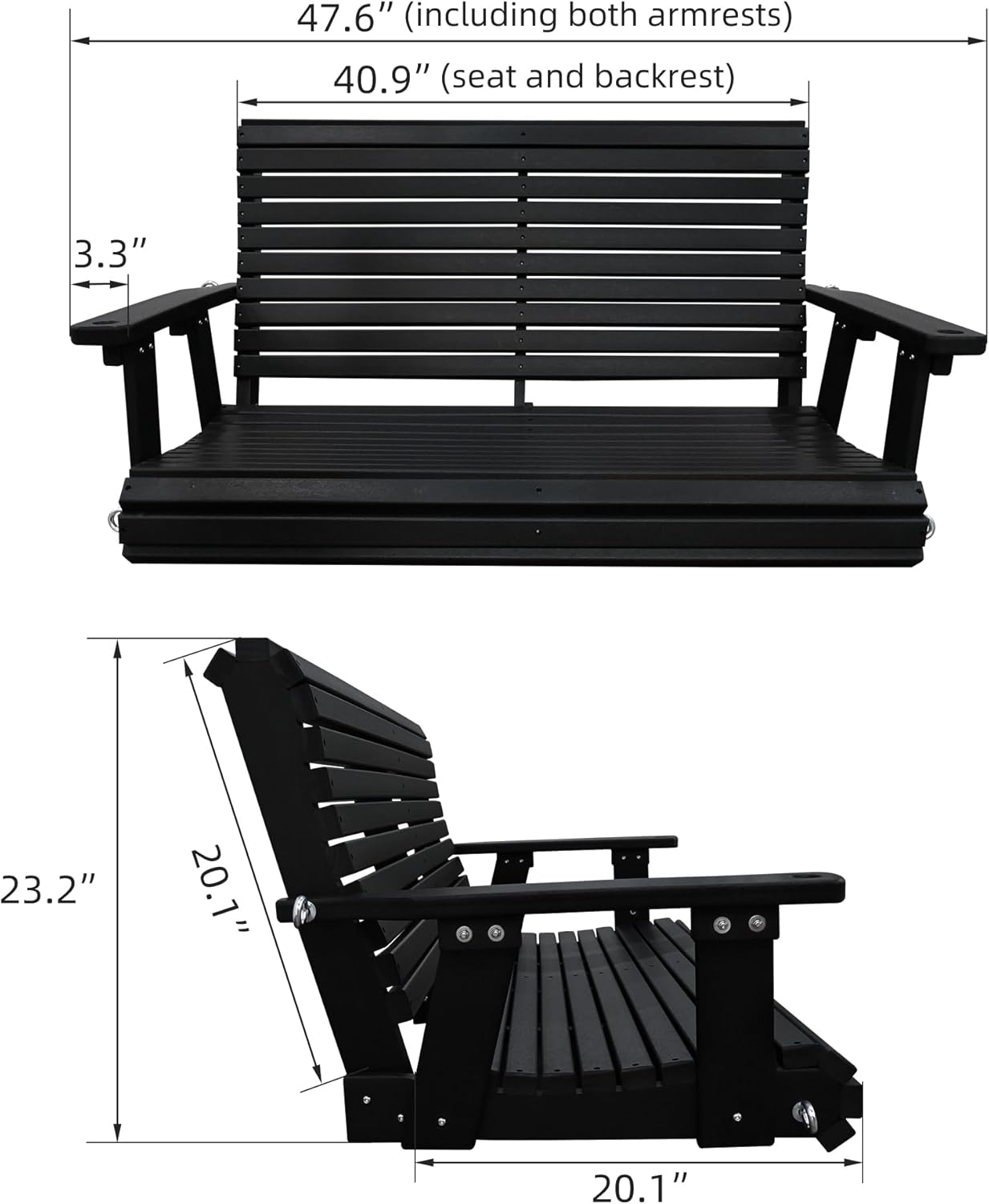 HDPE Porch Swing with 18/8 Stainless Steel Bolts, Ergonomic Design, Ultra Weather-Resistant, Heavy Duty 1200 LBS, for Outdoor Patio Garden Yard (Darknight Black)