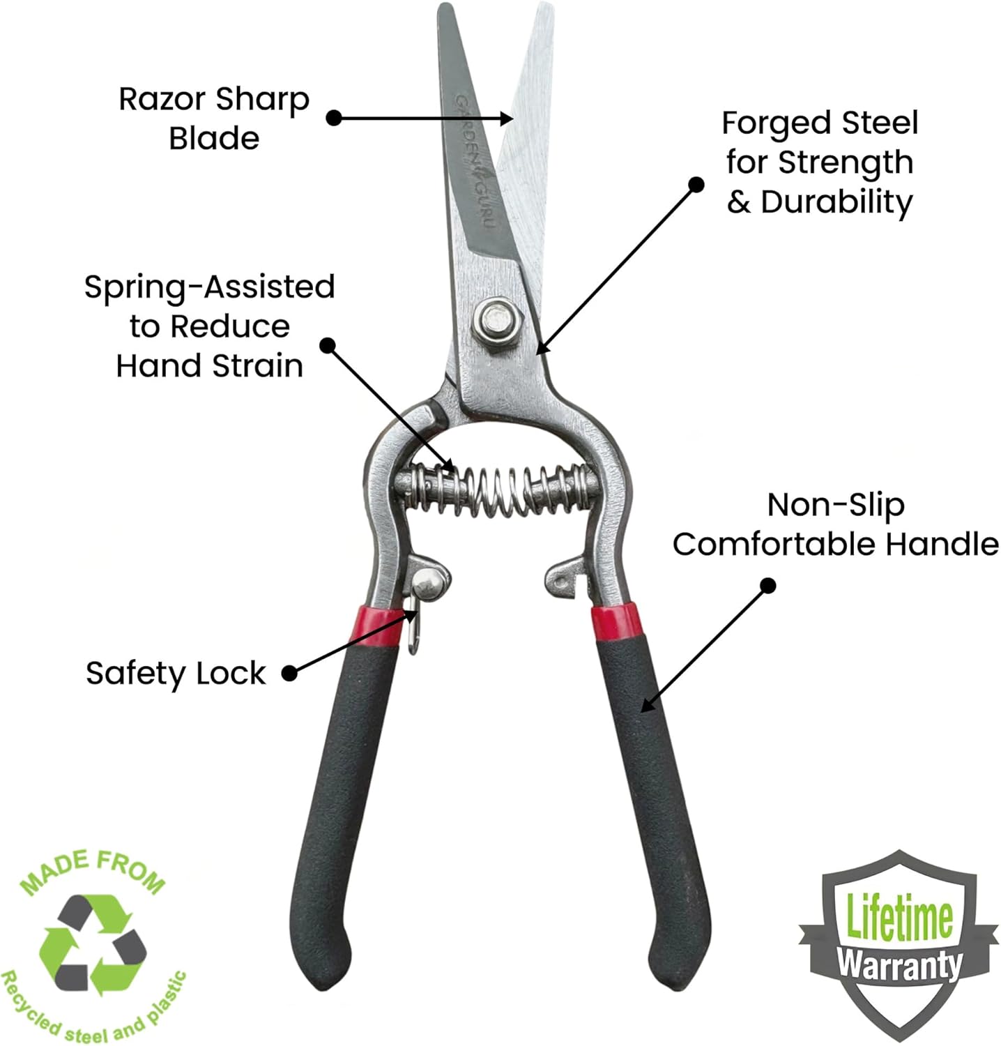 GARDEN GURU Classic Bypass Pruning Shears Clippers – Heavy Duty Forged Steel Garden Pruners – Safety Lock – Non Slip Comfort Grips – Cuts up to 1” Diameter – Professional Bypass Pruners for Gardening