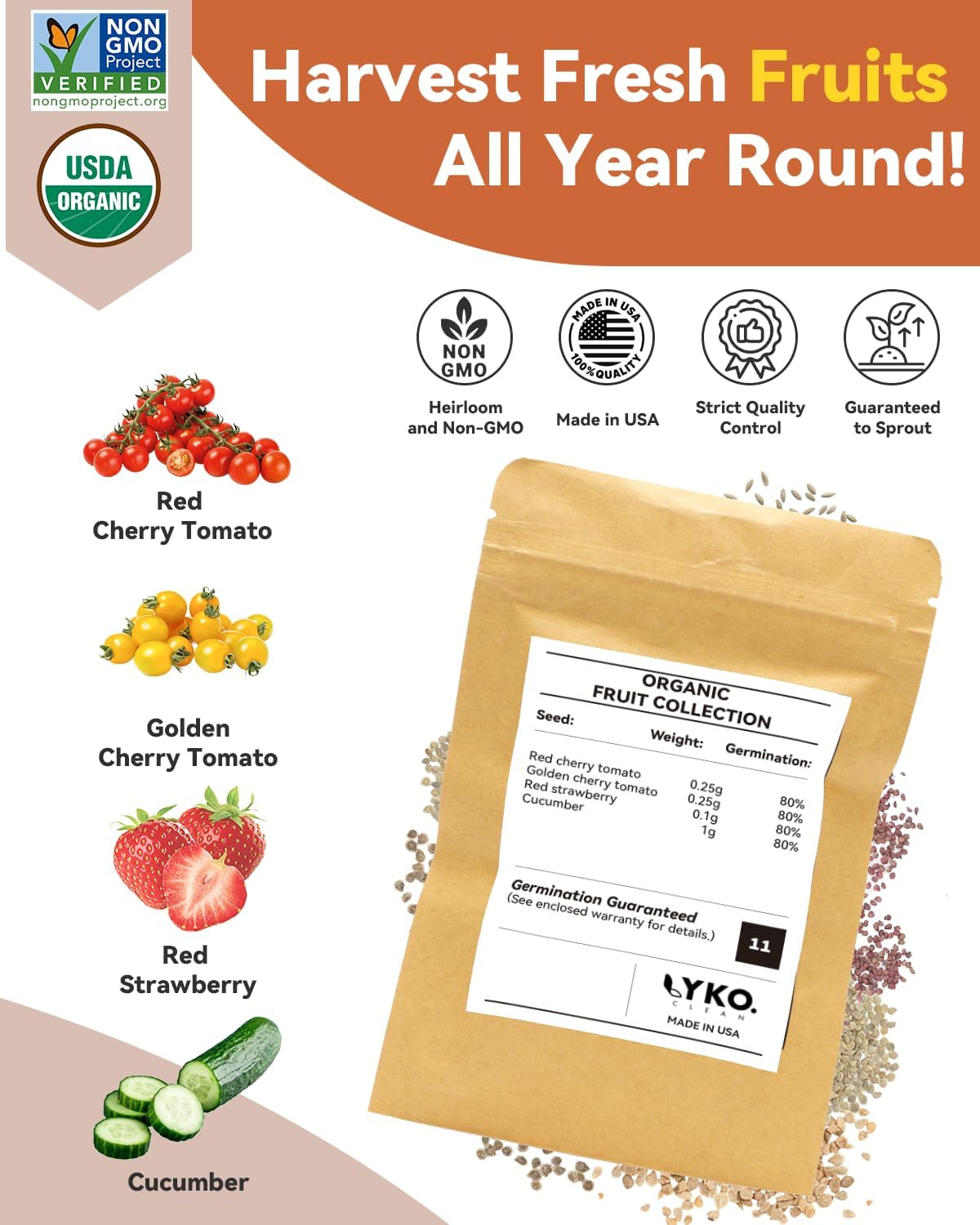 Fruits Seed Pod Kit for AeroGarden, Ahopegarden, iDoo, GARDENCUBE, MUFGA with Strawberry, Cucumber, Red/Golden Cherry Tomato, Compatible with All Indoor Hydroponics Growing System, 24-Pod