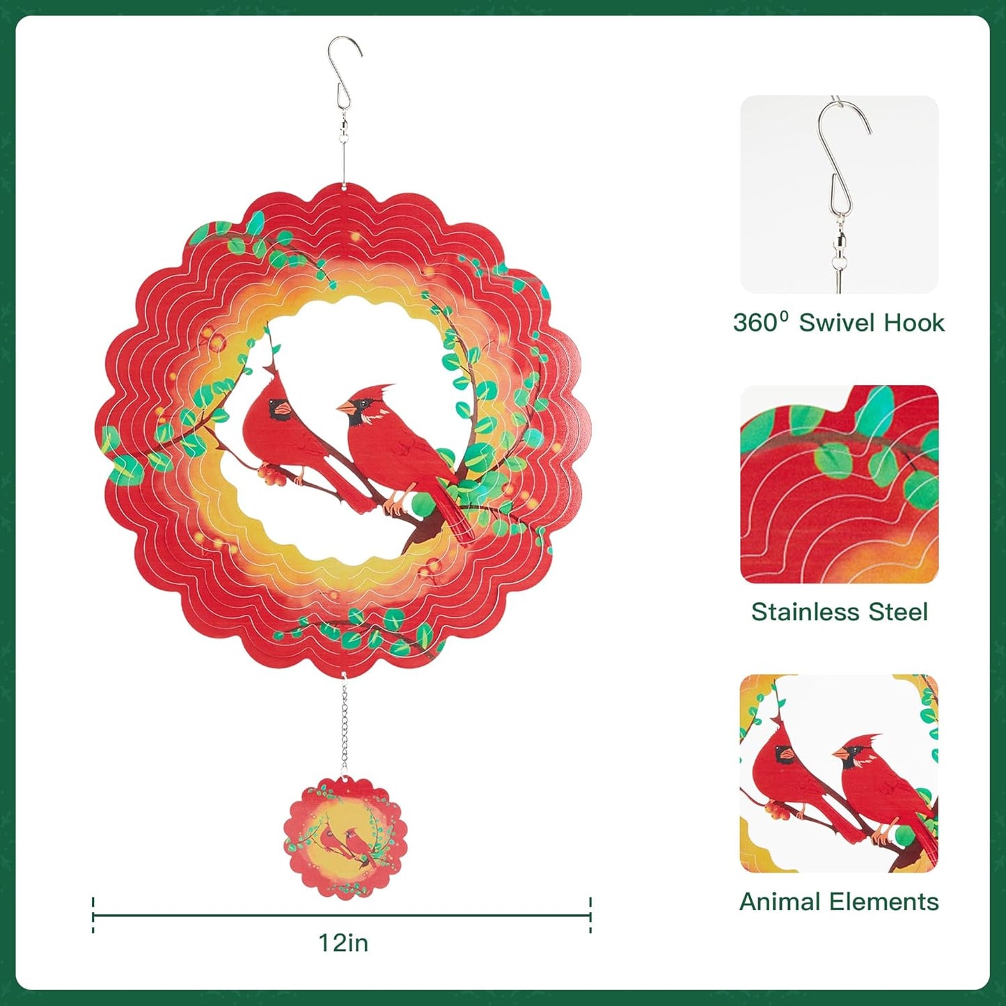 Cardinal Wind Spinners Metal Outdoor Sculpture for Outside Decoration,12 inch 3D Stainless Steel Cardinal Gifts for Women Mom Outdoor Indoor Yard Art Garden Decorations