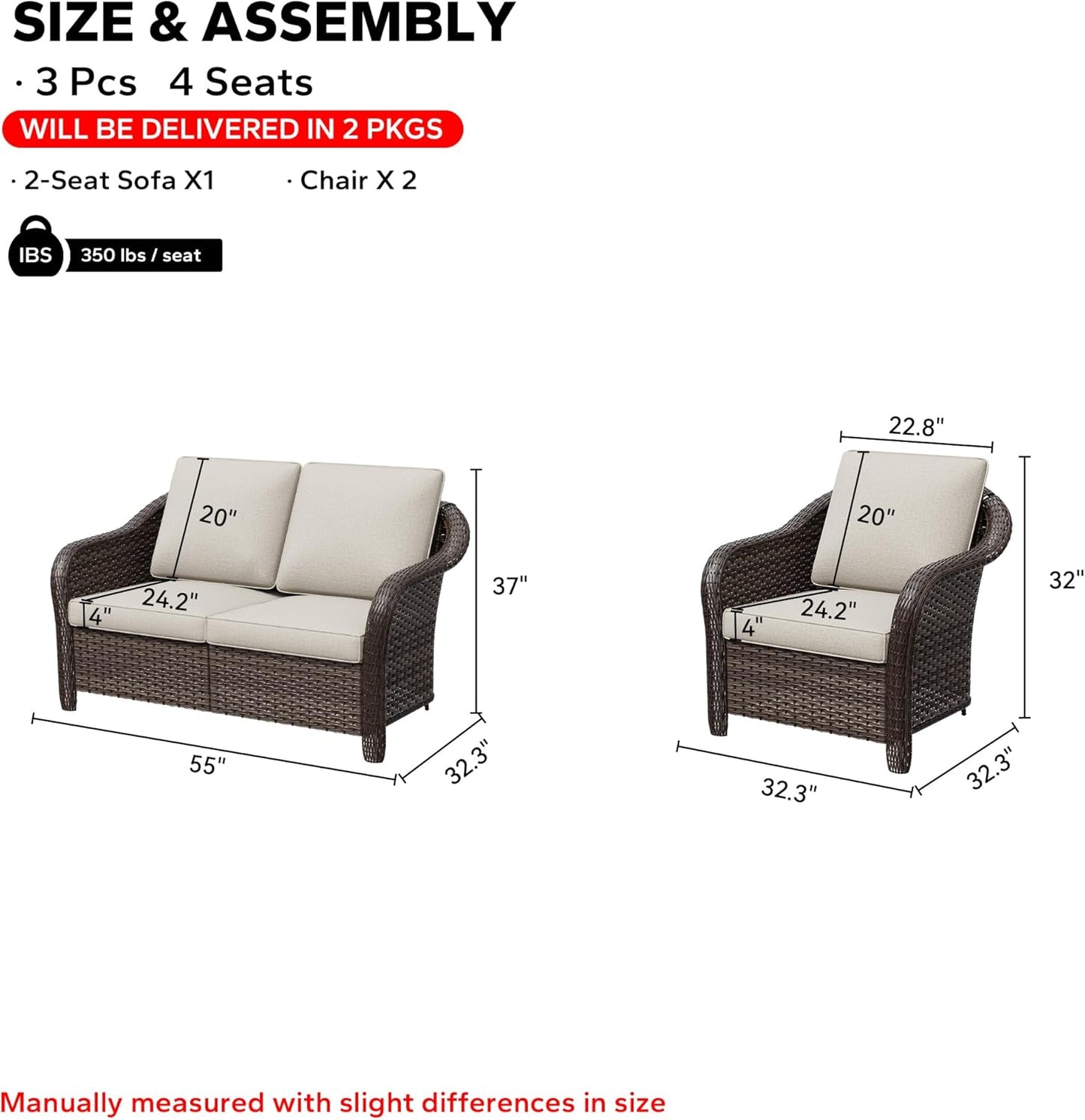 3 Pieces Outdoor Patio Conversation Set, 55" Couch, 2 Chairs, Rattan Wicker Conversation Furniture with Removable Cushions for Bistro, Deck (Beige)