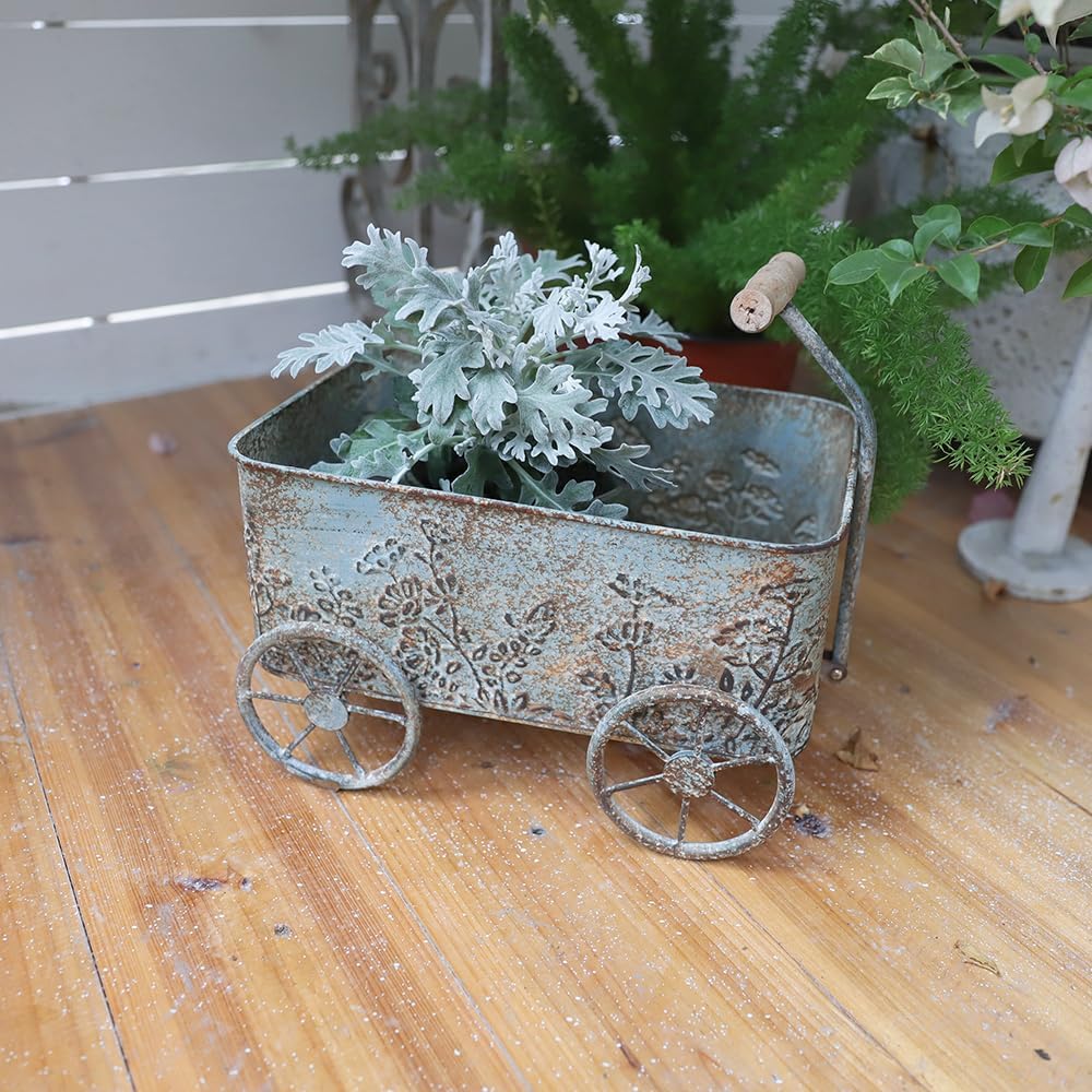 Flower Cart with Wooden Handles, Metal Wagon Planters for Outdoor Plants, Garden Planter with Wagon Wheels, Decorative Wheelbarrow, Plant Cart for Patio Garden Balcony (Blue)