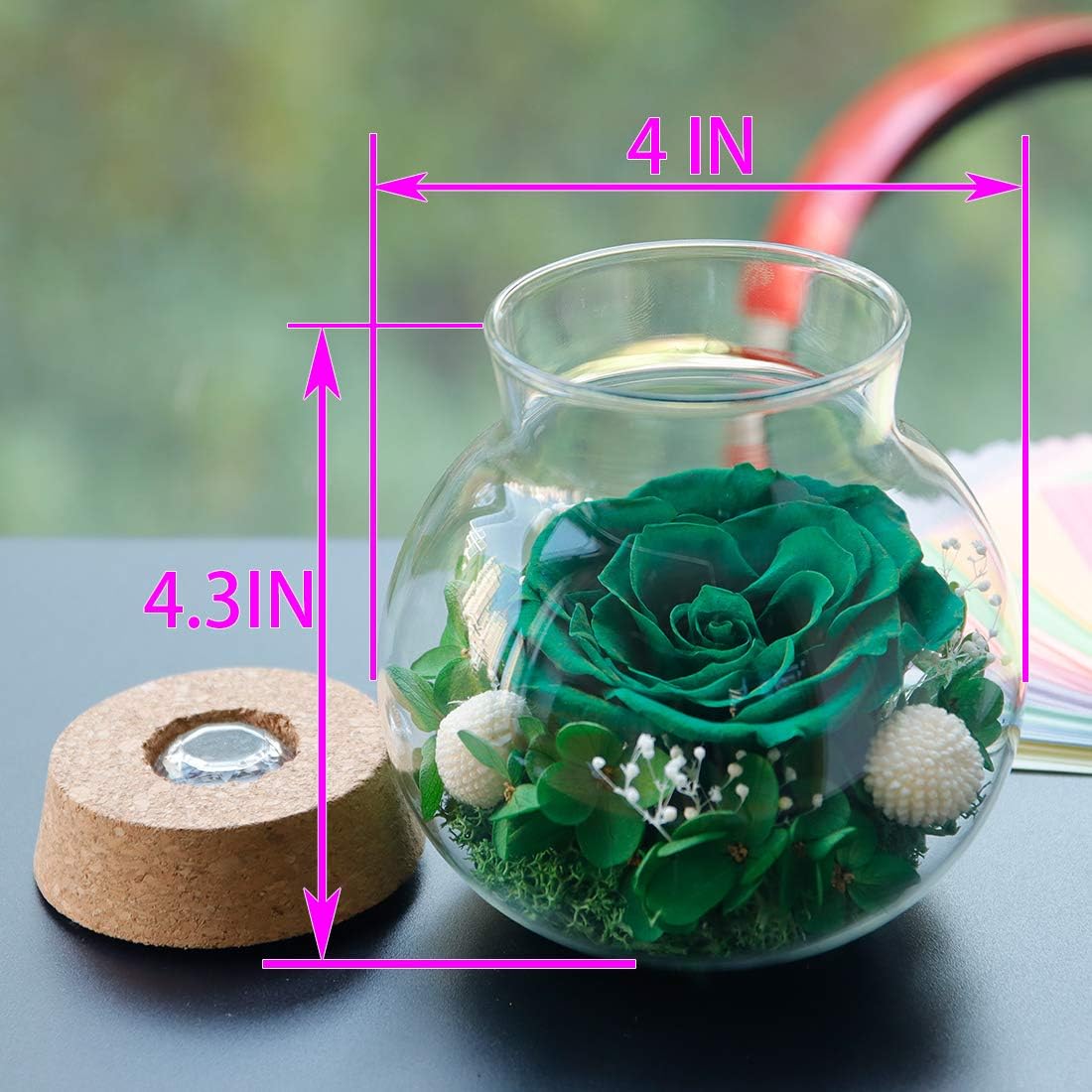 Preserved Real Roses with Colorful Mood Light Wishing Bottle,Eternal Rose，Never Withered Flowers,for Bedroom Party Table Decor, Christmas Decorations,a Gifts for Women 4.3inch1pcs (Green)
