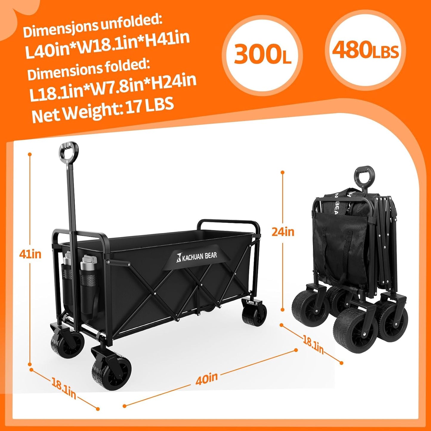 300L Large Collapsible Wagons Carts with Big All-Terrain Beach Wheels, Foldable Shopping Wagon Cart, Heavy Duty 480lbs Load, Folding Utility Cart for Groceries Garden Sport (Black)