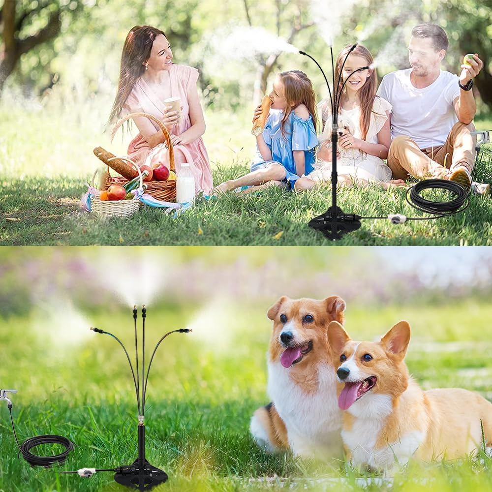 UR Forest Updated Standing Misting Cooling System 26FT Misting Line + 4 Brass Misting Nozzles,4 Height Option, Stand Mister Hose for Outside Outdoor Patio, Pet Cooling, Kids Water Playing