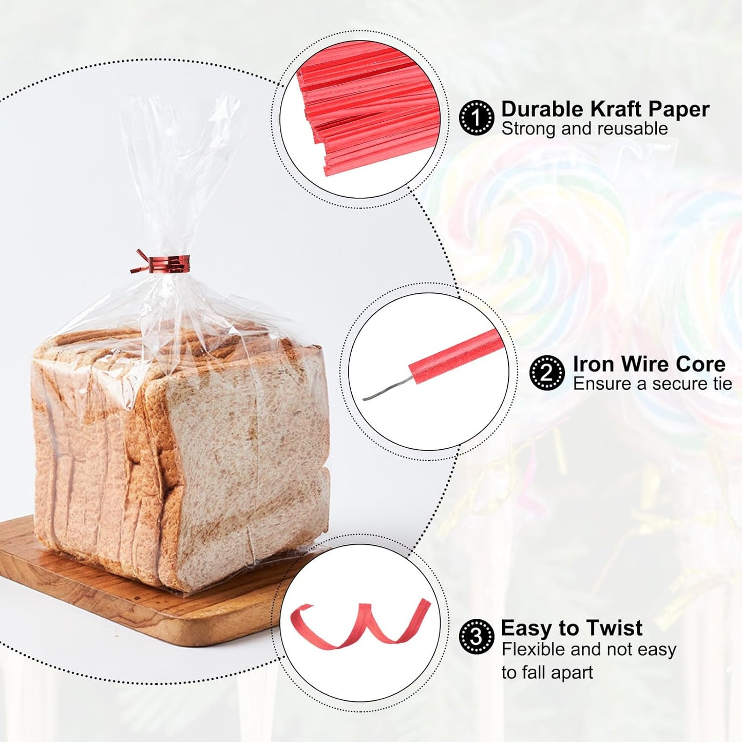 HARFINGTON 1000pcs Bag Twist Ties 3.5" Reusable Kraft Paper Twist Ties Wire Cable Ties for Party Bread Candy Cake, Red