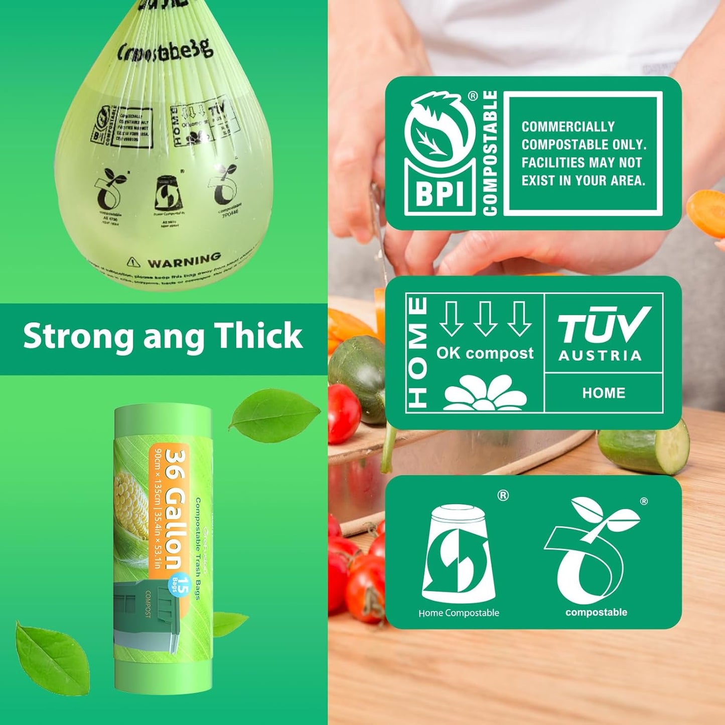 Compostable 36 gallon Trash Bags, Extra Thick 1.28 Mills, Compost 36 Gal Trash Bags (Kitchen Tall Garbage Bags), Compostable Lawn & Leaf Yard Waste bags,ASTM D6400,Bpi Certified