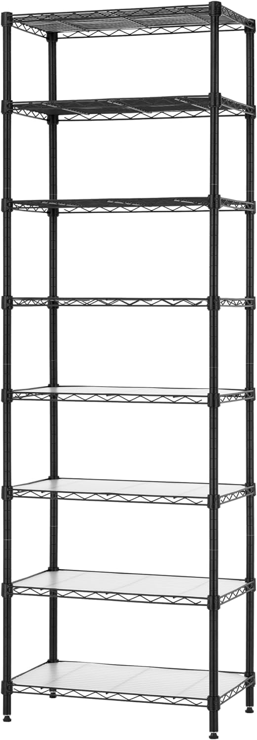 Finnhomy 8-Tier Wire Shelving Unit Adjustable Steel Wire Rack Shelving 8 Shelves Steel Storage Rack or Two 4-Tier Shelving Units with PE mat, Leveling Feet and Safety Device, NSF Certified, Black