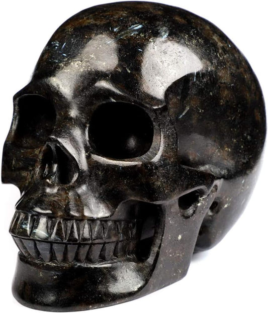 Skullis 5.0" Russian Arfvedsonite Crystal Skull, Hand Carved Gemstone Fine Art Sculpture, Reiki Healing Stone Statue.