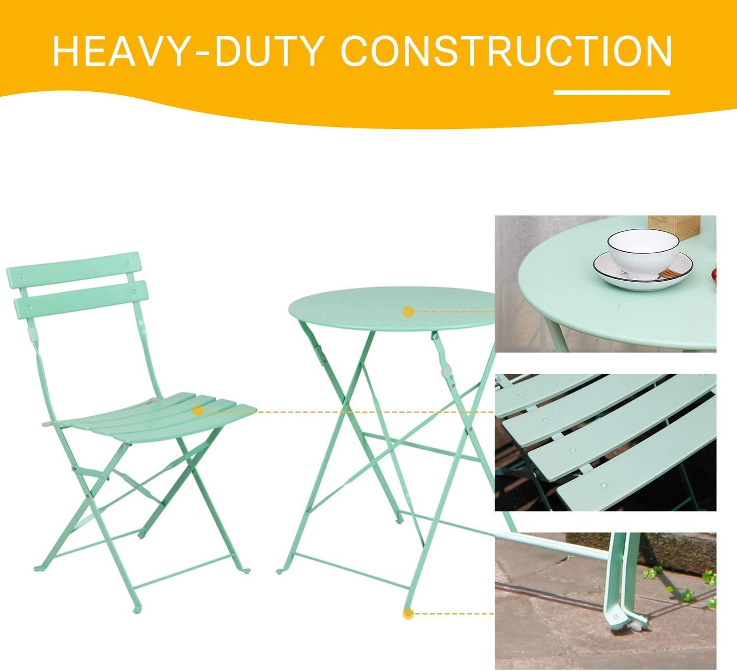 Grand patio 3-Piece Steel Foldable Bistro Set, 2 Chairs and 1 Table, Weather-Resistant Outdoor/Indoor Conversation Set for Patio, Yard, Garden-Macaron Blue