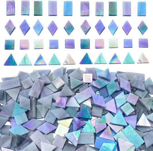 Iridescent Gray Stained Glass Mosaic Tiles for Crafts, 280 Pieces Mixed 4 Shapes Tiffany Stained Glass Sheets for Mosaic Projects