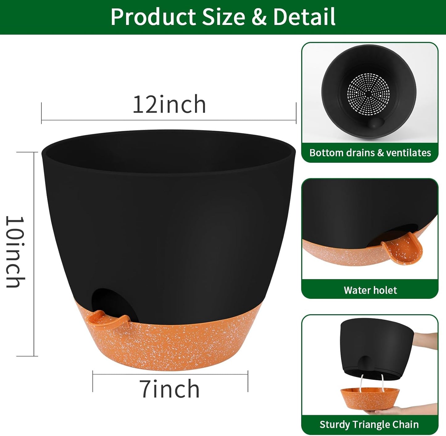 GARDIFE 12 inch planters, Plant Pots,Self Watering Pots, Large Plastic Flower pots with Deep Reservior and High Drainage Holes for Indoor Outdoor Plants and Flowers, Black
