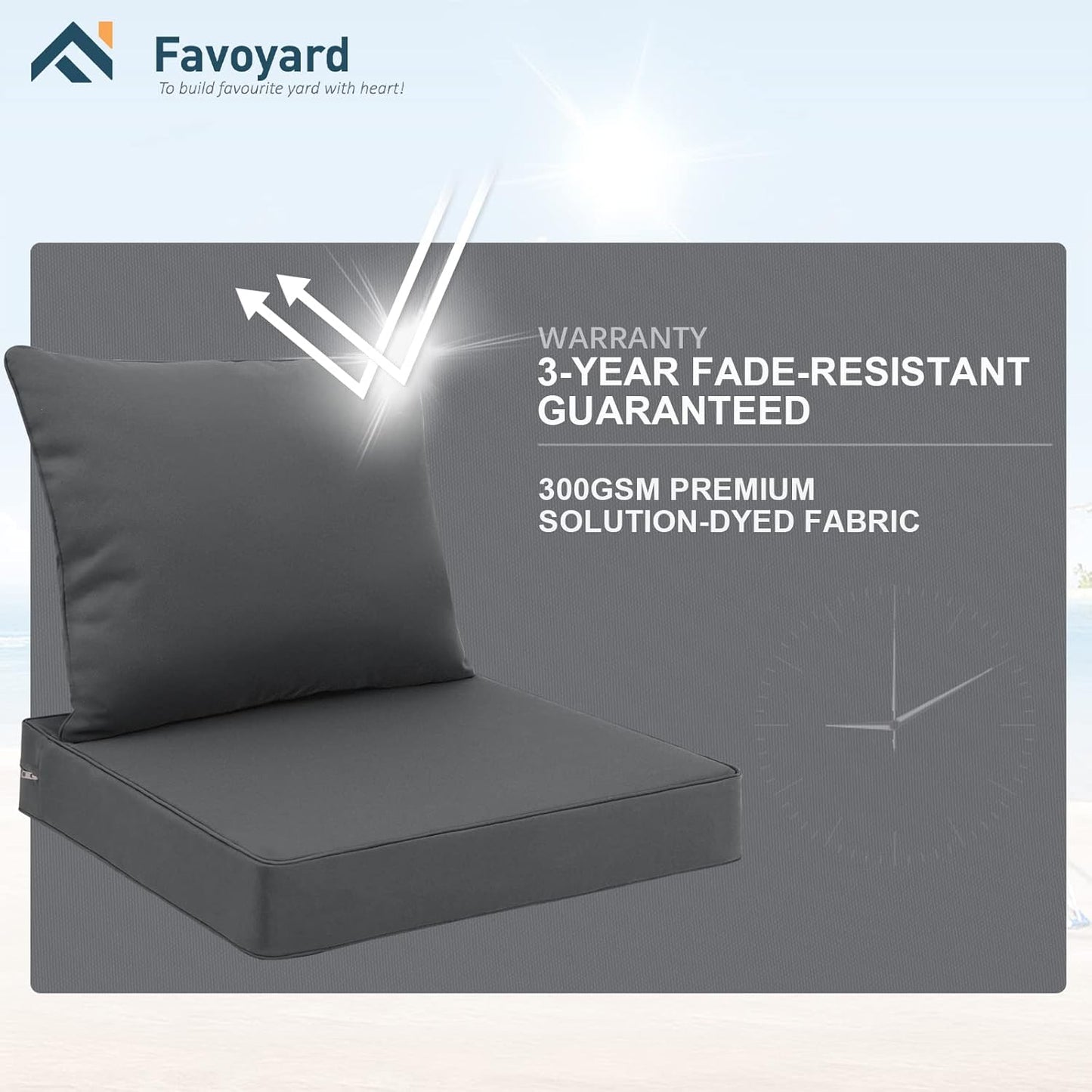 Favoyard Outdoor Seat Cushion Set 19 x 19 Inch Waterproof & Fade Resistant Patio Furniture Cushions with Removable Cover Deep Seat & Back Cushion with Handle and Adjustable Straps for Chair Sofa Couch