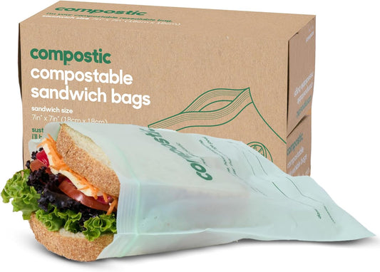 Home Compostable Resealable Sandwich Bags (7"x7"), Microwave & Freezer Safe, Organic Food Storage Container, 100 Count (Pack of 1)