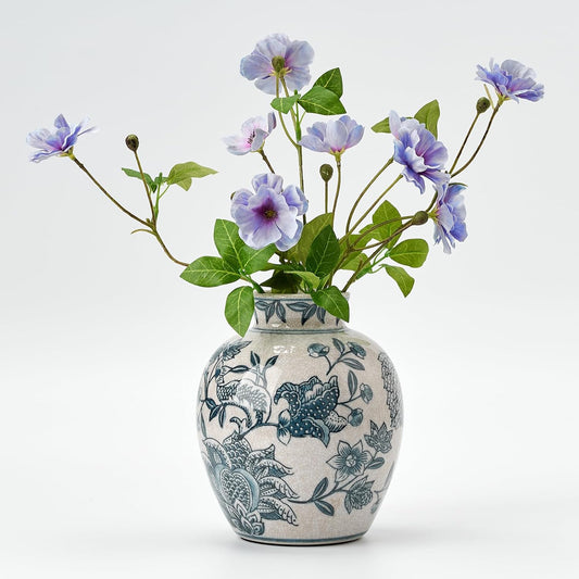 SIDUCAL Ceramic Chinoiserie Floral Vase | 6.3 Inch Blue and White Vintage | Retro Ice Cracked Blue and White Porcelain Vase for Table, Living Room, Bathroom Decoration, Shelf Decor, Mantel