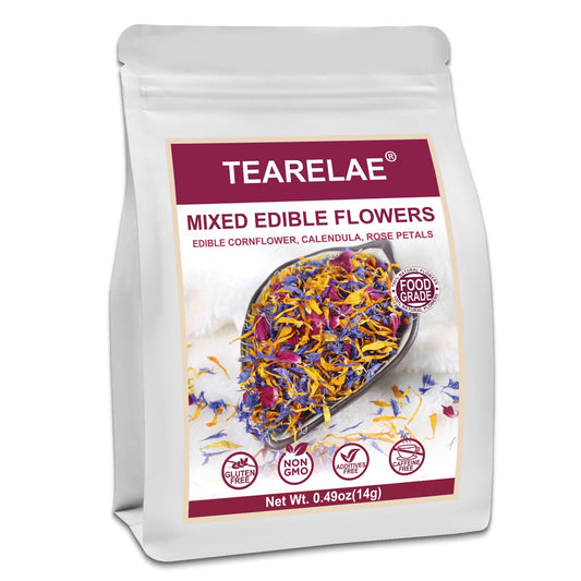 TEARELAE - Mixed Edible Flowers - Premium Rose, Cornflower, and Calendula Petals - Edible Cake Decorations - Pure Natural - Caffeine-Free - for Drink, Tea, Salad and Soap - 0.49oz/14g