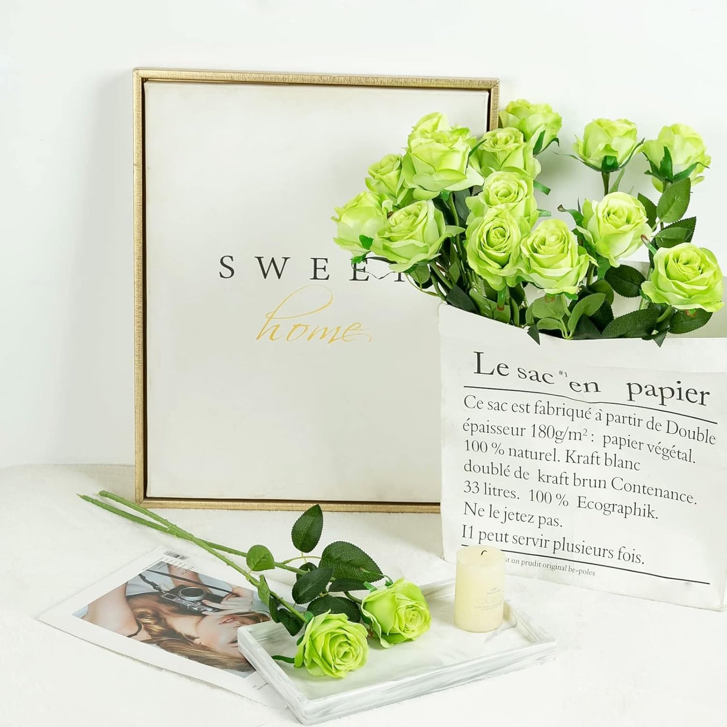 Hawesome 12PCS Artificial Silk Flowers Realistic Roses Bouquet Long Stem for Home Wedding Decoration Party (Green)