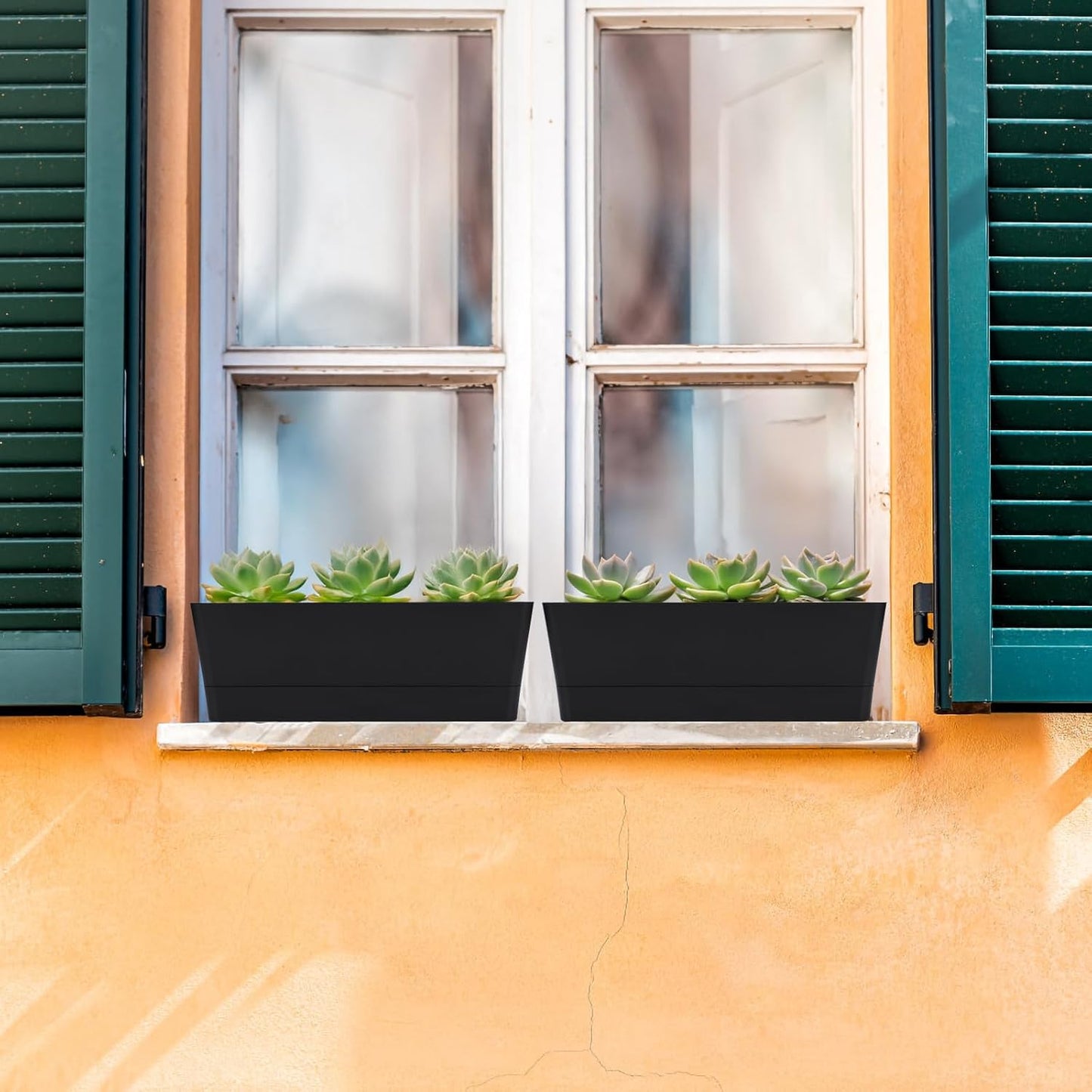 GREANER Black Rectangle Window Boxes, 3 Pack 12x3.8 Inch Herb Planters with Tray, Indoor Succulent Cactus Mint Plastic Pot for Windowsill, Garden Balcony, Office Outdoor Decoration