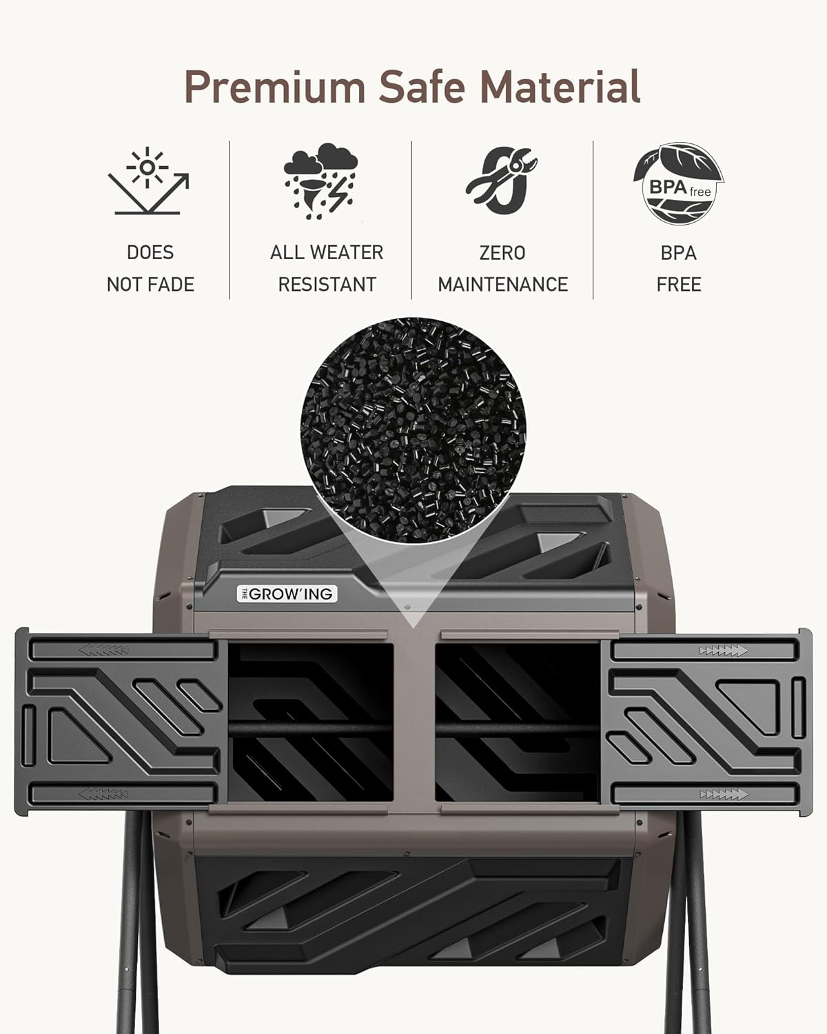 THEGROW'ING Updated 43 Gallon Compost Bin Outdoor, Fast Assemble Tumbling Composter, Dual Chamber Composter Tumbler, Rotating Compost Bin for Outside, Backyard, Garden and Yard, Coffee