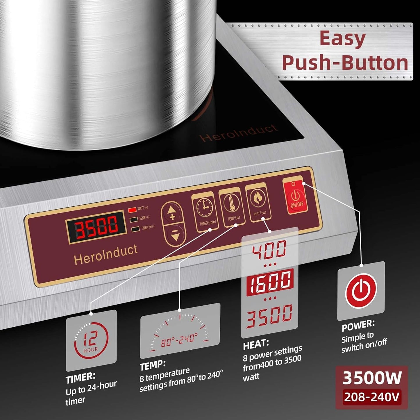 Induction Cooktop 208-240V 3500W Commercial Range Induction Burner Dual IGBT Modules 8 Heating Level Sensor Push-Button Premium Stainless Steel Housing Crystal Glass Electric Cooktop（Red）