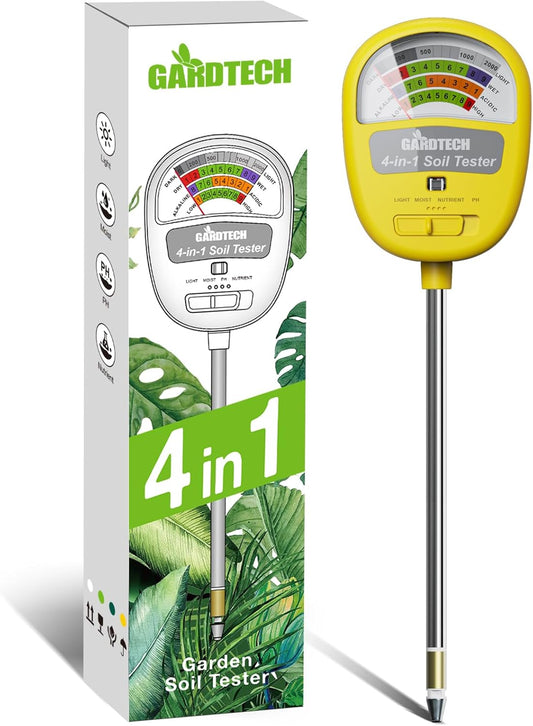 Gardtech Soil Moisture Meter - 4-in-1 Soil Test Kit Without Battery, Soil Moisture/Light/Nutrients/pH Meter for Plant, Garden, Lawn, Indoor & Outdoor (Yellow)
