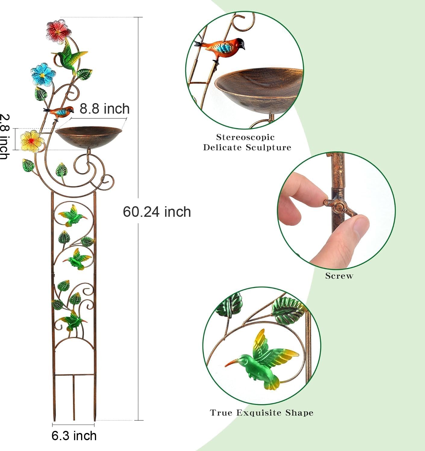 57” Bird Bath with Garden Trellis for Climbing Plants Outdoor, Small Decorative Metal Birdbath Bird Baths, Hummingbird (Hummingbird)