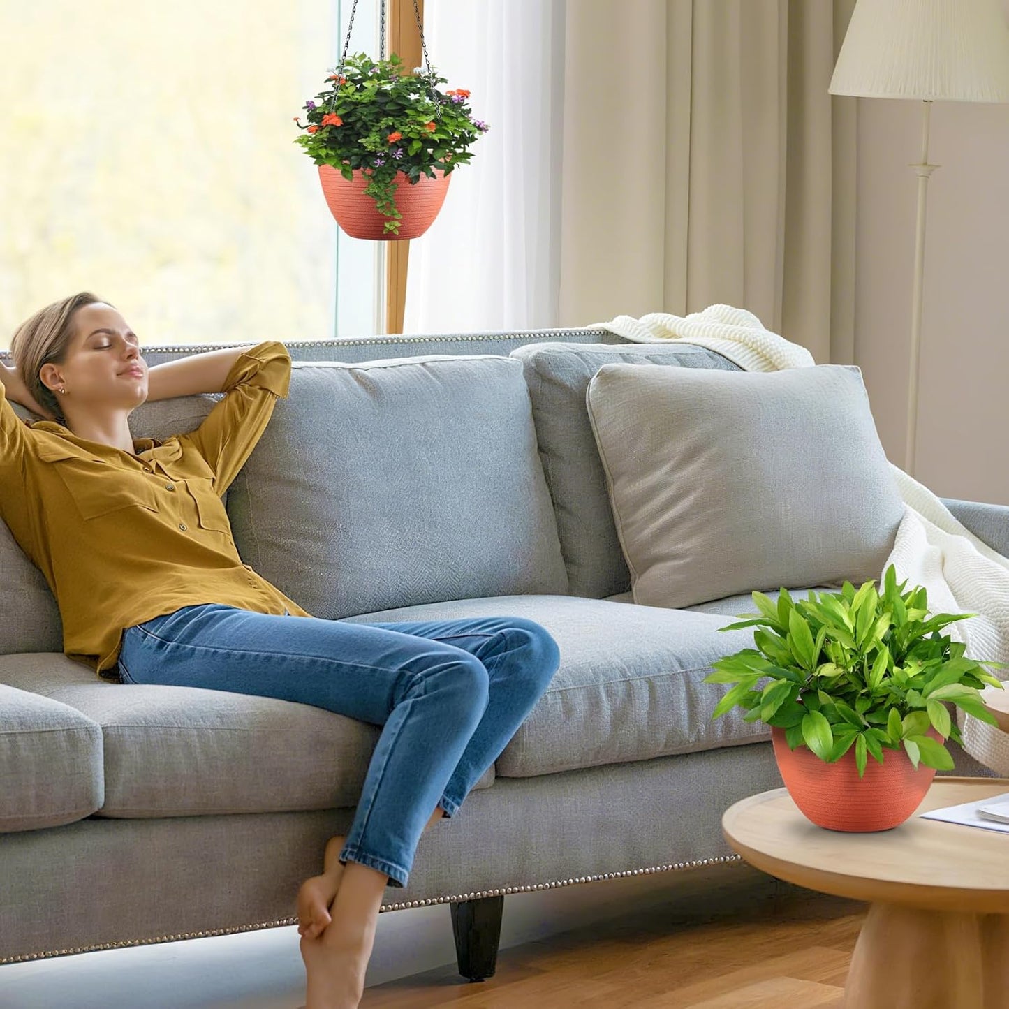 Hanging Planters for Indoor Outdoor Plants, Set of 2 Self Watering Hanging Pots with Drainage Hole & Plug and 20" Chain & Hooks