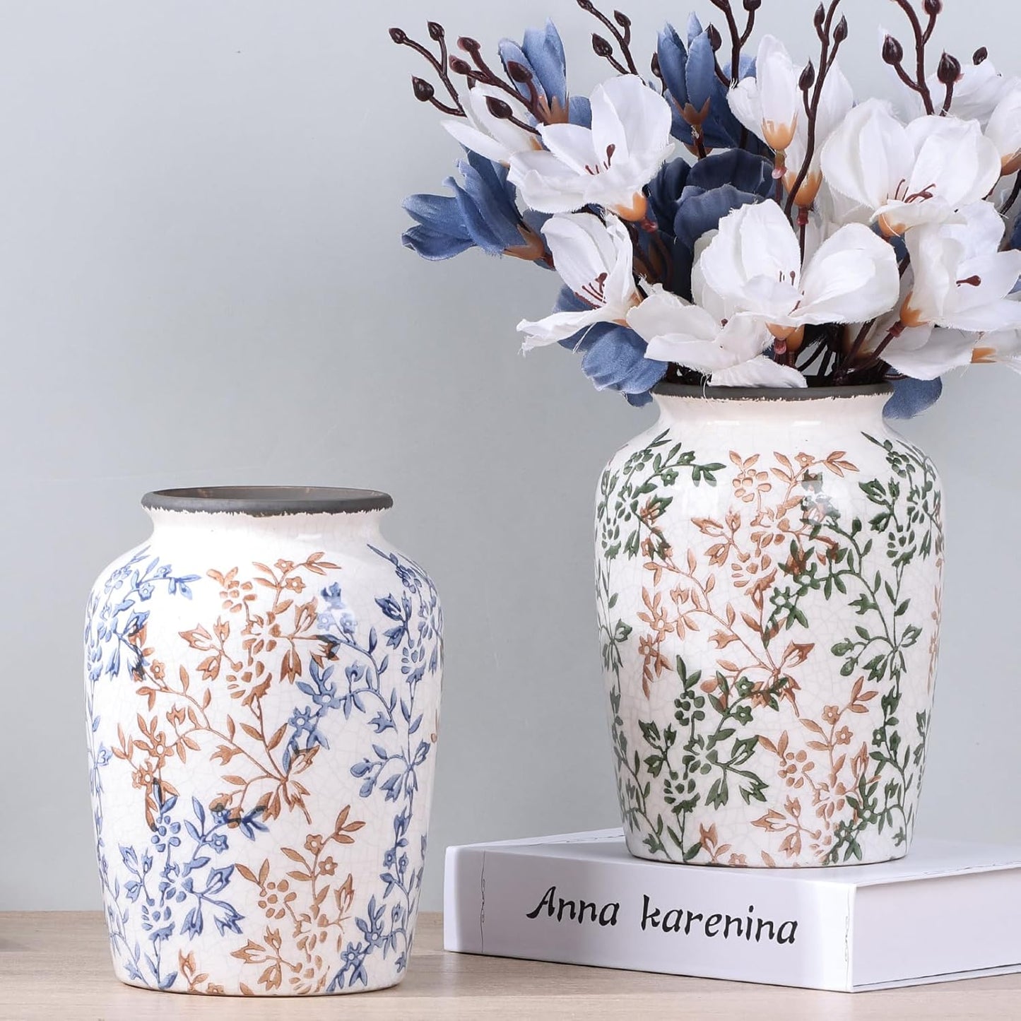 Vintage Vase for Flowers,Green Chinoiserie Ceramic Vase,Rustic Farmhouse Cracked Vases,for Flower Arrangement,Living Room, Office, Shelf, Fireplace Tables,Centerpieces,Chinoiserie Pottery Decor(D)